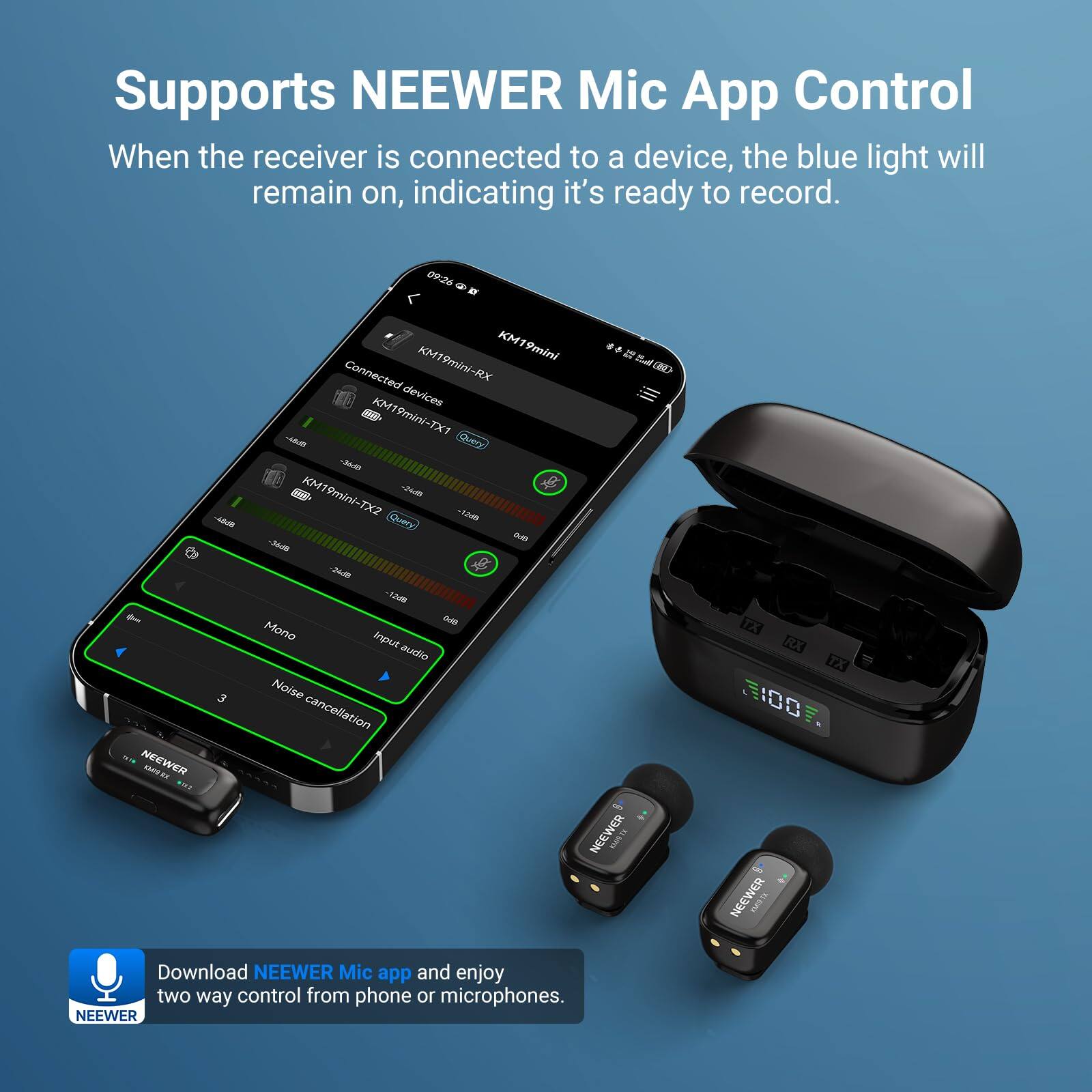 Supports NEEWER Mic App Control  
When the receiver is connected to a device, the blue light will remain on, indicating it's ready to record.  

Download NEEWER Mic app and enjoy two-way control from phone or microphones.