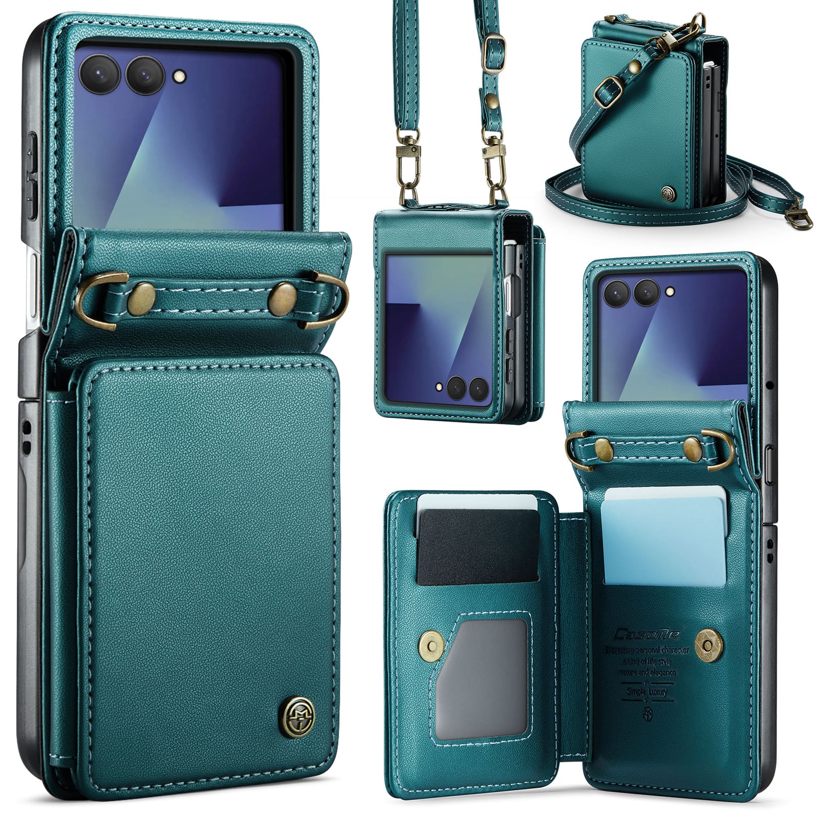 Dteck - Flip Wallet Phone Case for Samsung Galaxy Z Flip7, RFID PU Leather Protective Kickstand Cover with Crossbody Strap - Blue
