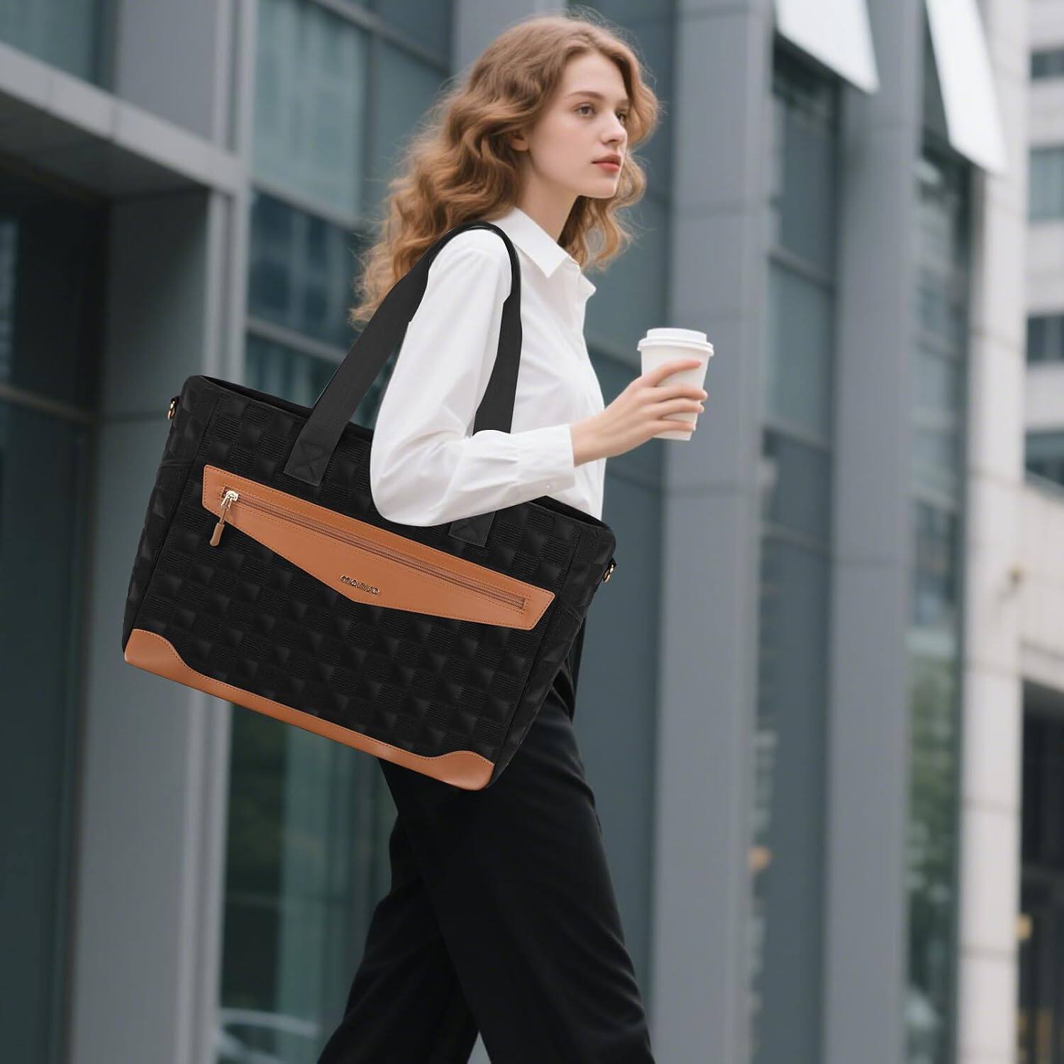 Angle. mosiso - Laptop Tote Bag for Women 15-16 Inch Laptop Work Bag with Trolley Sleeve & Laptop Compartment for Office College Teacher - Black.