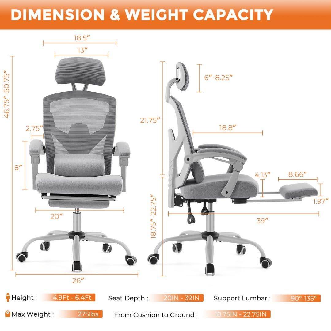 **DIMENSION & WEIGHT CAPACITY**

- **Height:** 4.9Ft - 6.4Ft
- **Seat Depth:** 20IN - 39IN
- **Support Lumbar:** 90°-135°
- **Max Weight:** 275lbs
- **From Cushion to Ground:** 18.75IN - 22.75IN

**Dimensions:**
- **Backrest Height:** 46.75" - 50.75"
- **Backrest Width:** 18.5"
- **Backrest Depth:** 13"
- **Seat Width:** 21.75"
- **Seat Depth:** 20"
- **Seat Height:** 18.75" - 22.75"
- **Armrest Height:** 6" - 8.25"
- **Armrest Width:** 18.8"
- **Base Width:** 26"
- **Base Height:** 8"
- **Lumbar Support Height:** 4.13"
- **Lumbar Support Width:** 8.66"
- **L