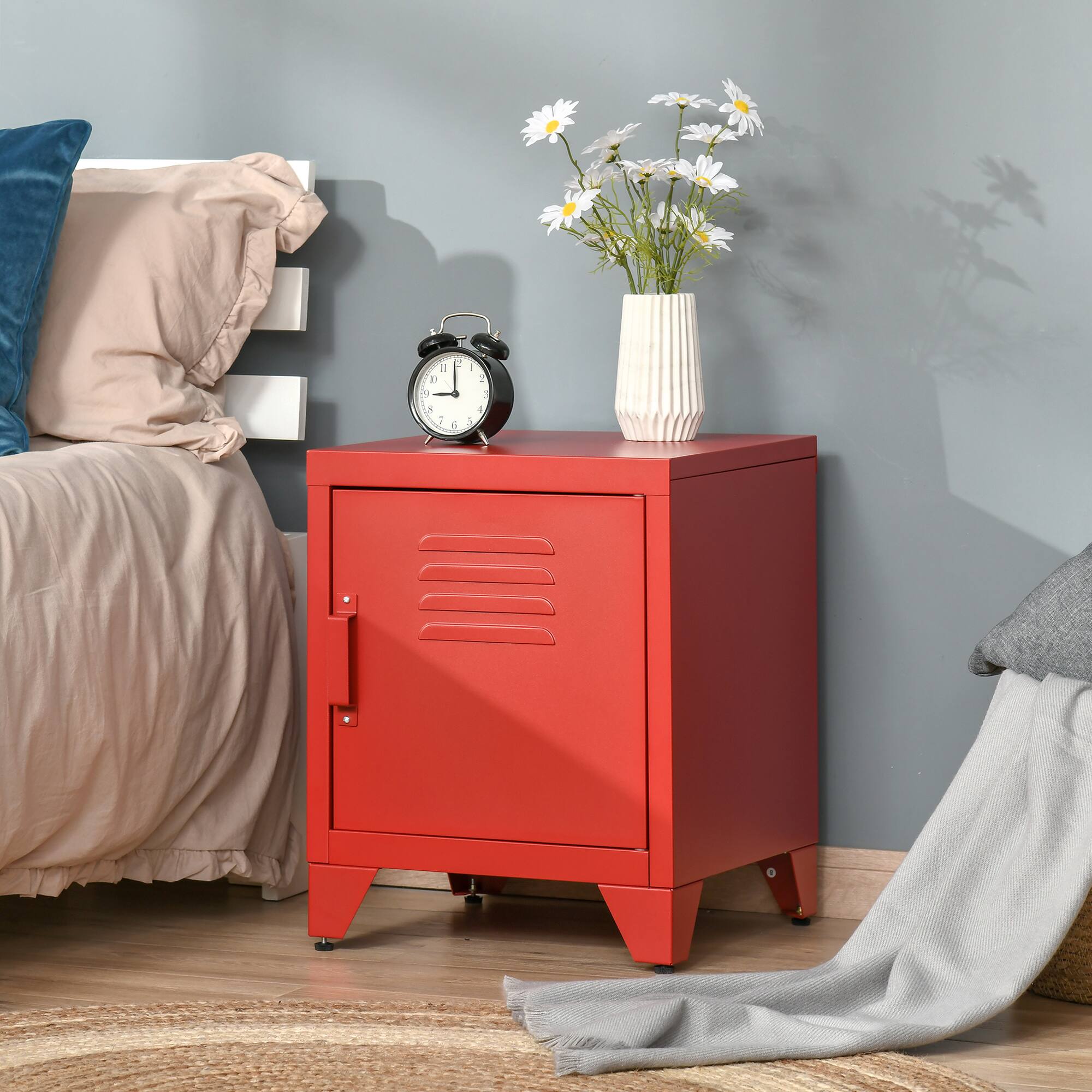 Angle. Homcom - Industrial End Table, Living Room Side Table with Locker-Style Door and Adjustable Shelf - Red.