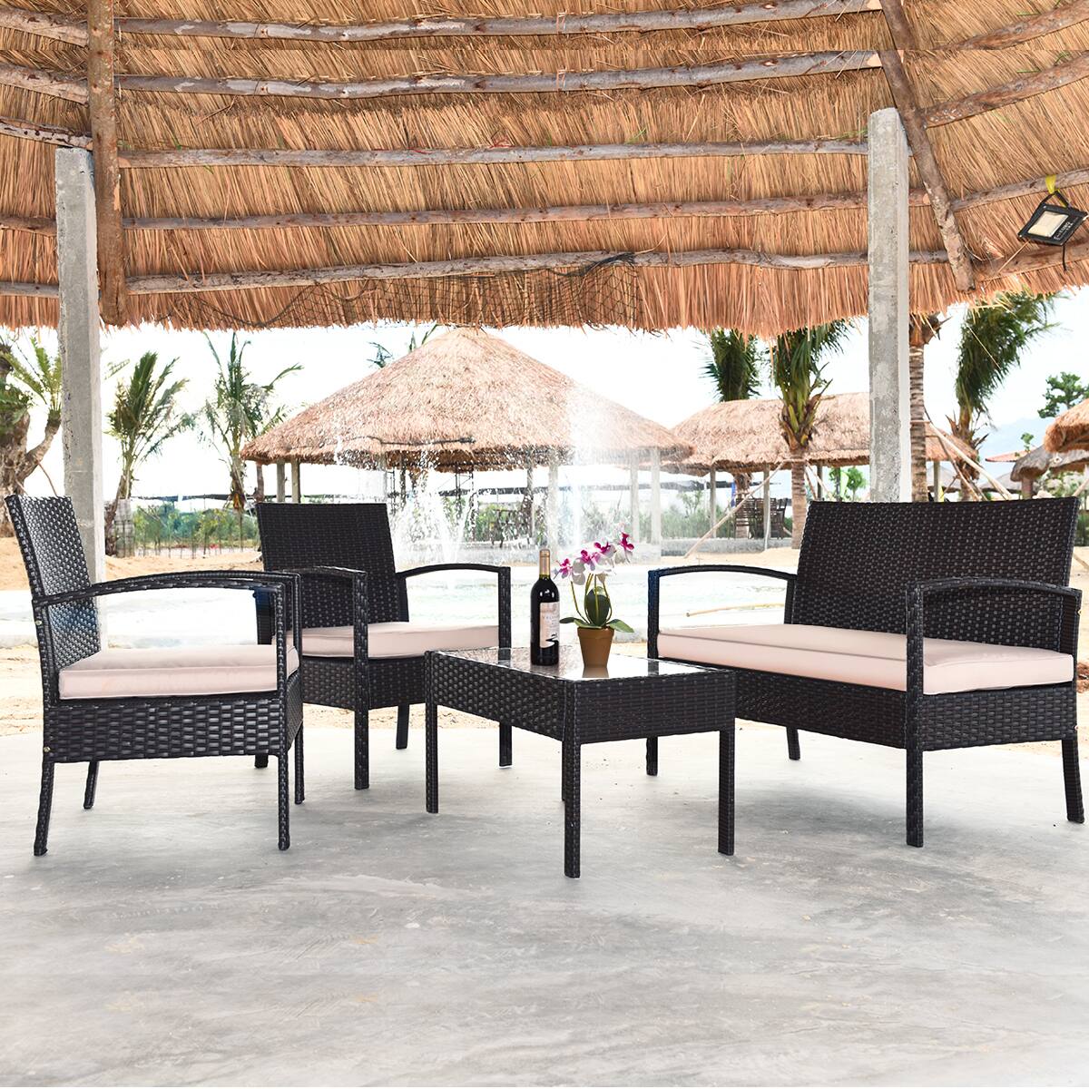 Alt View 3. Gymax - Gymax 4PCS Patio Rattan Set Cushioned Sectional Sofa Glass Table - as pics.