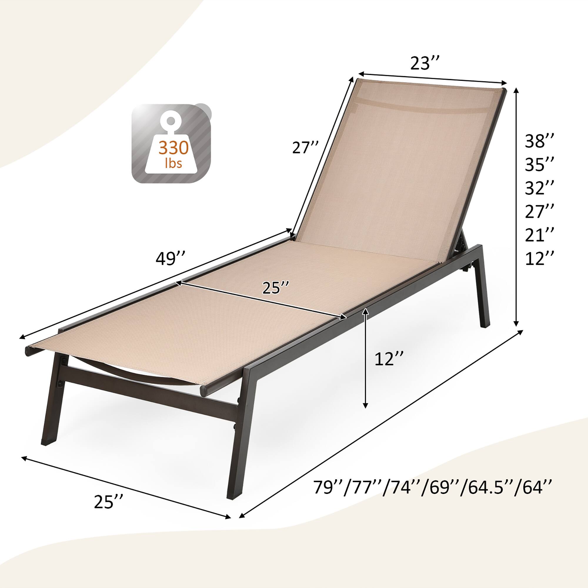 23", 330 lbs, 49", 27", 25", 38", 35", 32", 27", 21", 12", 12", 25", 79"/77"/74"/69"/64.5"/64"