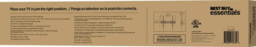 The text on the image is in Spanish, so I will provide a corrected version in English.

Place your TV in just the right position.
Supports from 47-84 inches and 499 kg (109.3-213.3 pounds) and is compatible with VESA patterns from 100x100 to 600x400 on all common sizes.
Tilt reduces glare and improves viewing angle inclined for reducing glare and better viewing angle.
Enjoy years of dependable service with sturdy steel construction.
Listed and meets safety and sustainability standards.
Includes wall mount brackets, assembly hardware, and a wall plate template.
Installation guide is also included.
Dimensions: 25.59 x 213 inches (425 cm).