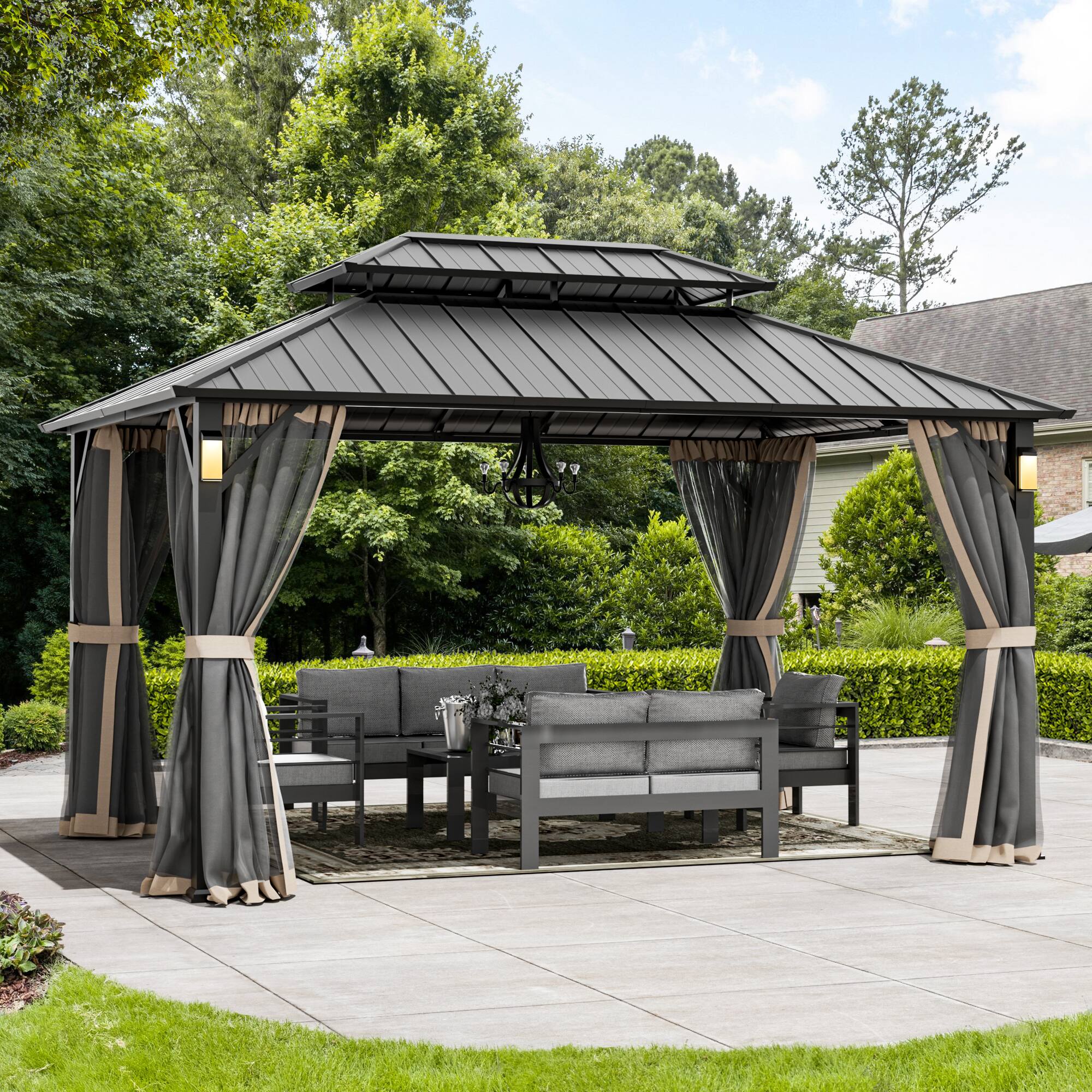 Front. Modern Shade Outdoor Living Spaces - Modern Shade The Horizon Hardtop Gazebo 10' x 14' with 4 LED Lights, Galvanized Steel Double Roof - Black.