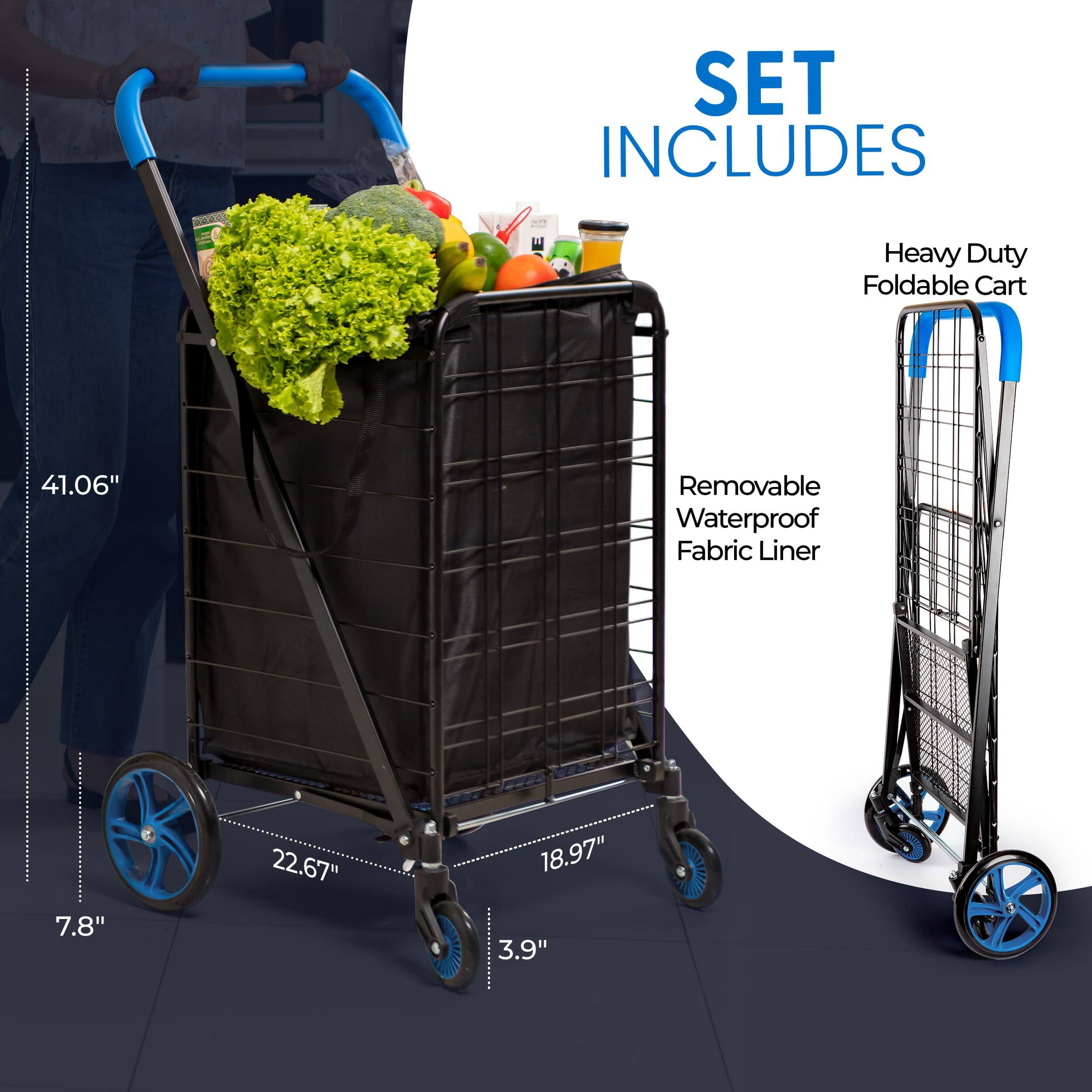 RO SET INCLUDES  
- Heavy Duty Foldable Cart  
- Removable Waterproof Fabric Liner  

Dimensions:  
- Height: 41.06"  
- Width: 22.67"  
- Depth: 18.97"  
- Wheel Diameter: 7.8"  
- Handle Height: 3.9"
