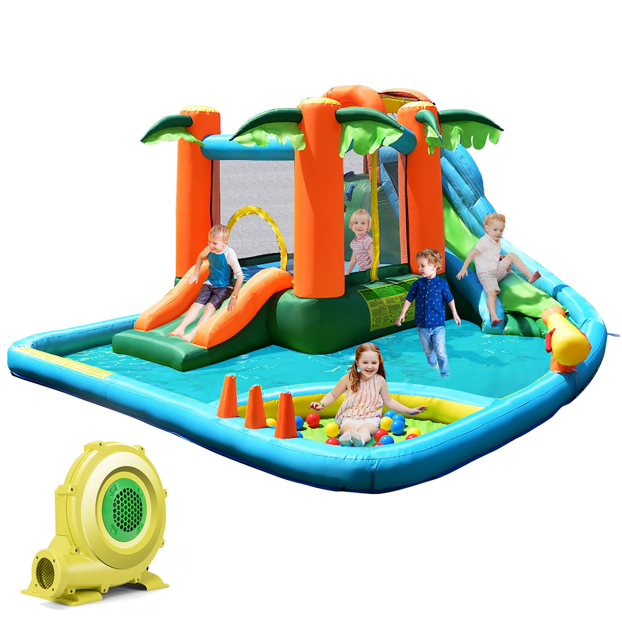 Front. Gymax - Gymax Inflatable Bounce House Jump Bouncer Kids Water Park Splash Play Center w/Blower.