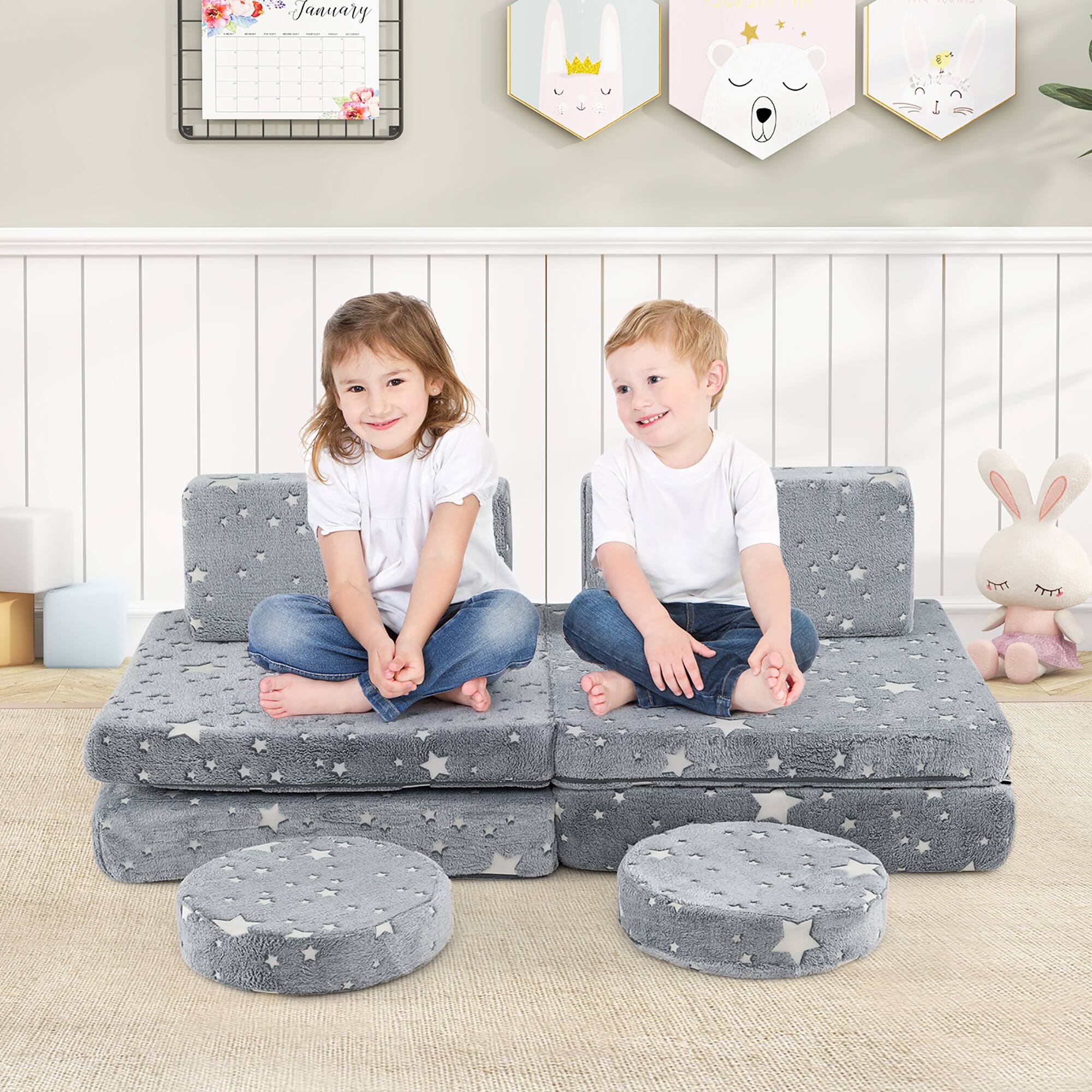 Alt View 1. Gymax - Gymax Glow in the Dark Modular Kids Play Couch Set w/ Machine-washable Flannel Covers Gray - Gray.