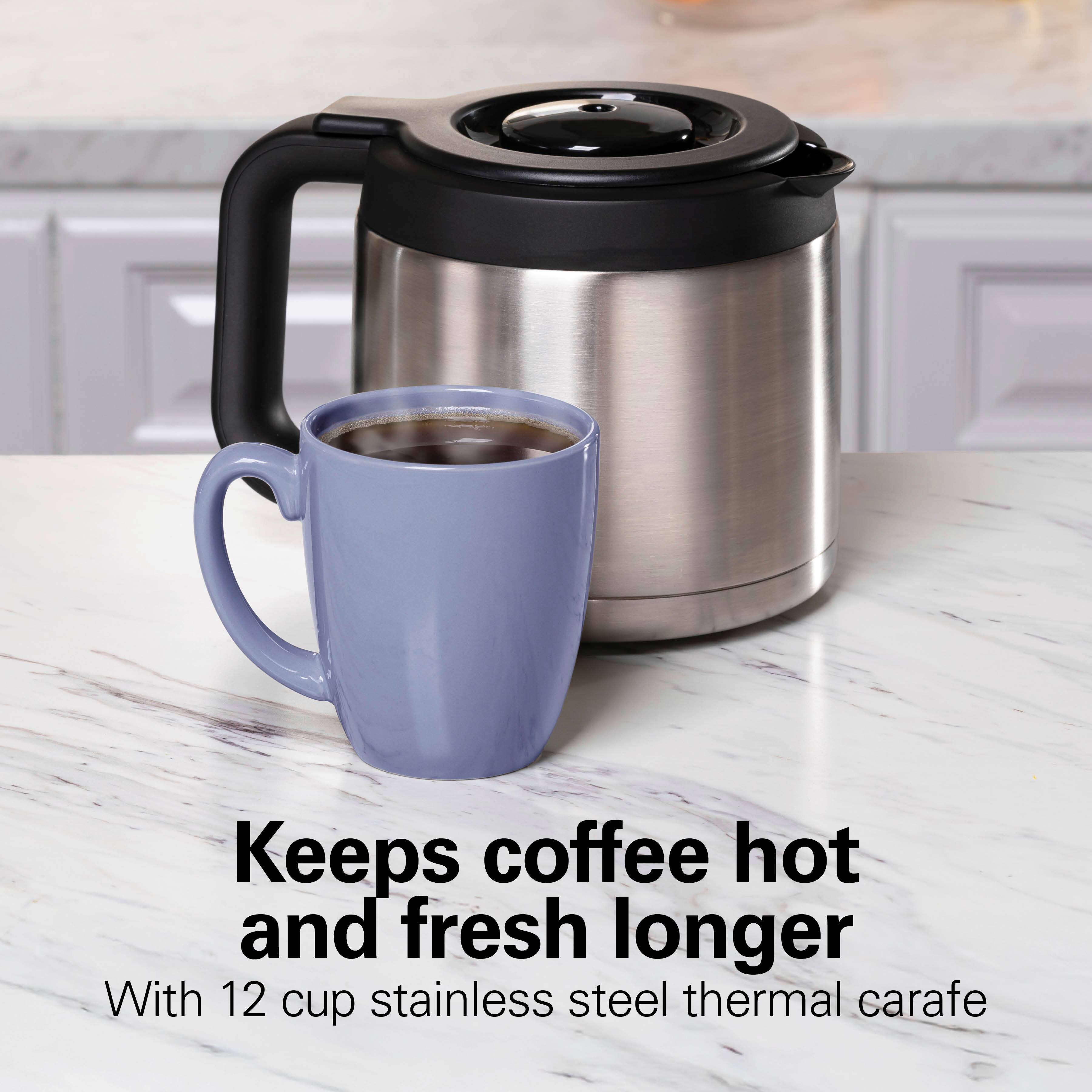 Keeps coffee hot and fresh longer  
With 12 cup stainless steel thermal carafe