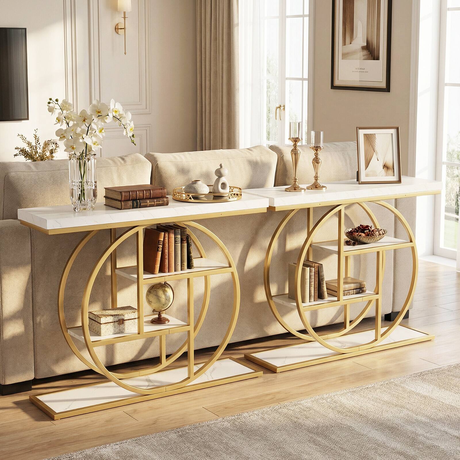 Alt View 9. Gymax - Gymax 4-Tier Console Table w/Storage Shelves Circle Base Accent Behind Couch Table White & Gold - White.
