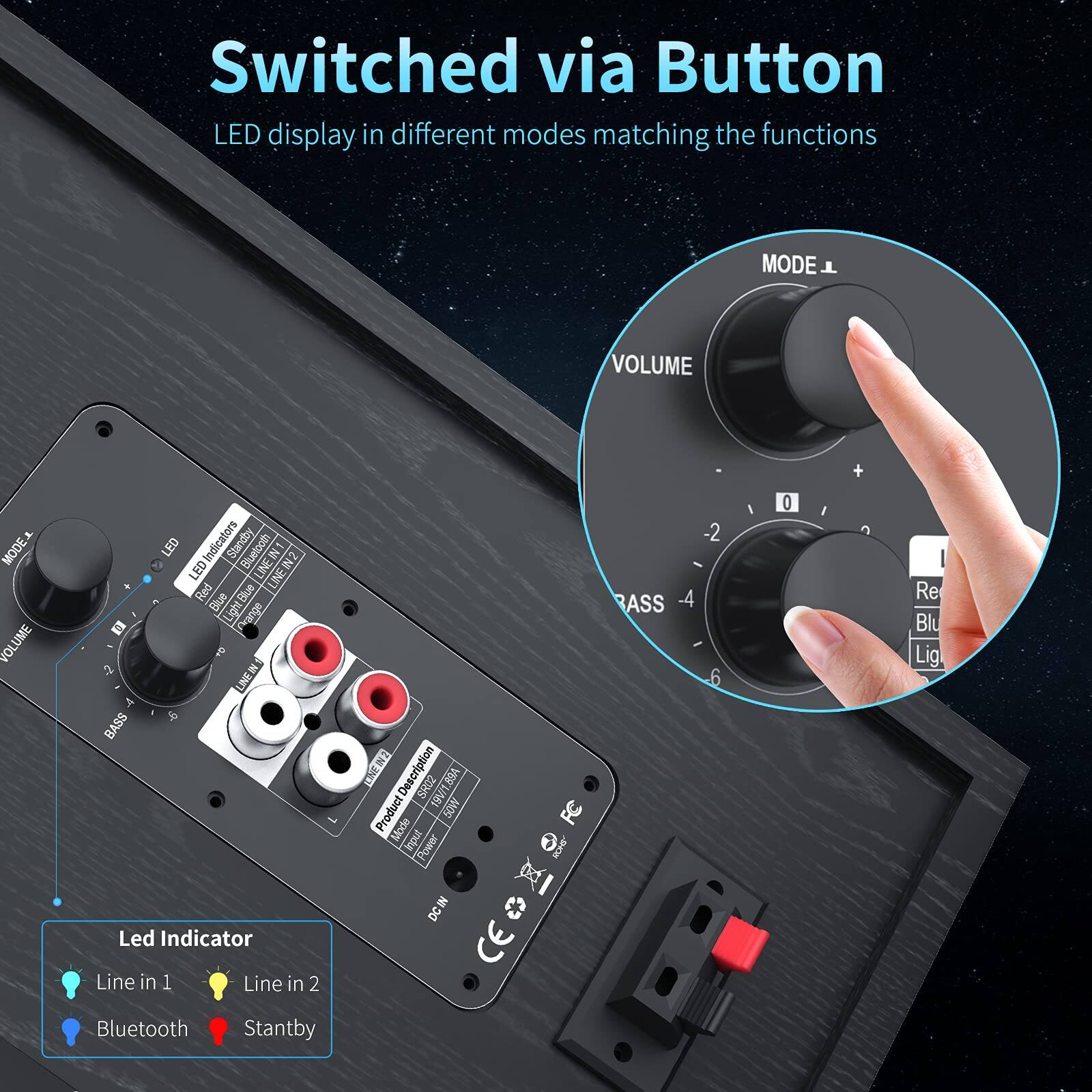Switched via Button  
LED display in different modes matching the functions

Led Indicator  
- Line in 1  
- Line in 2  
- Bluetooth  
- Standby

MODE 1  
VOLUME  
BASS

Re  
Blu  
Lig

Product Description  
FC Mode Inout Power DCIN  
CEG CE 0

Line in 1  
Line in 2  
Bluetooth  
Standby  
BASS -4 6