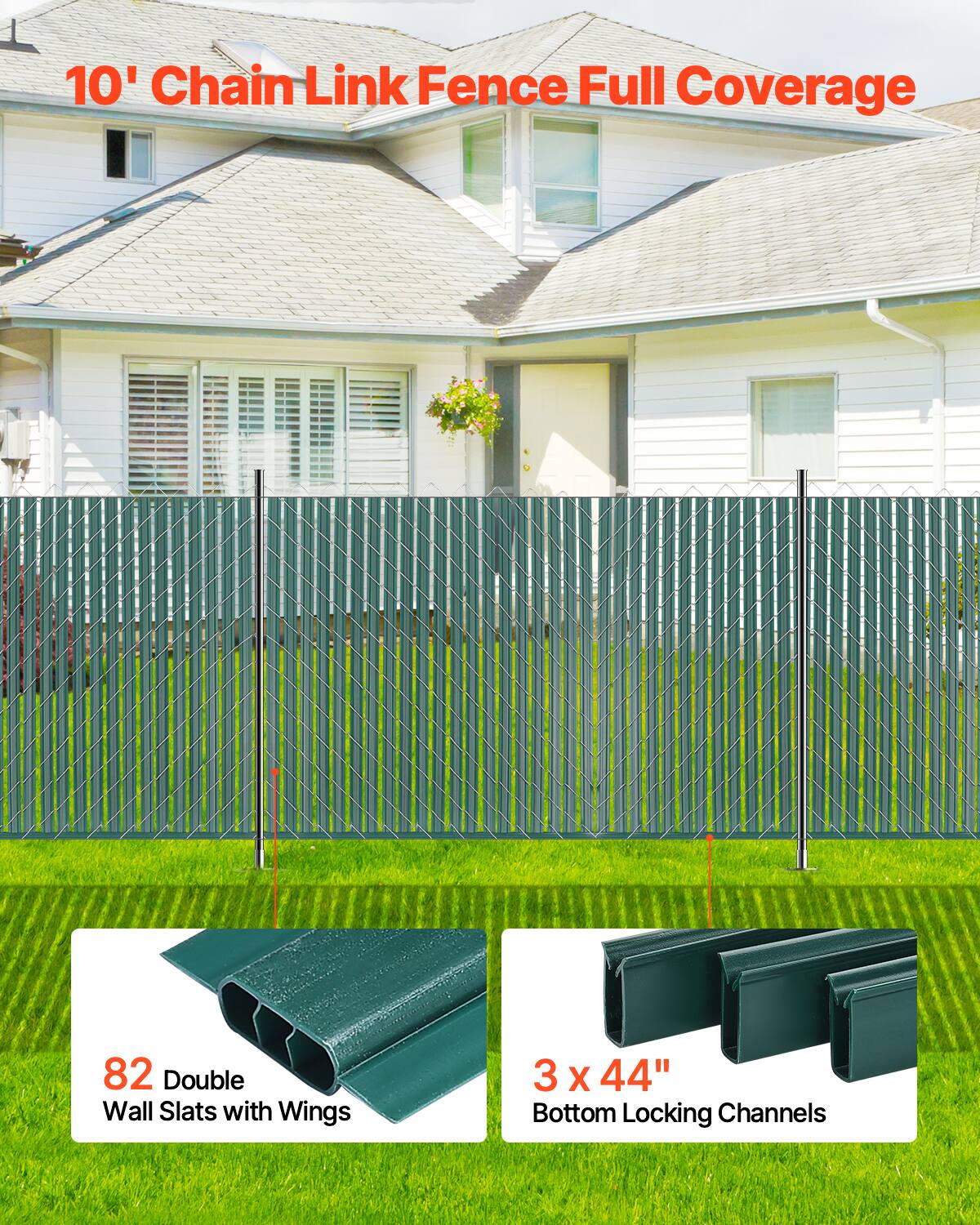 10' Chain Link Fence Full Coverage

82 Double Wall Slats with Wings

3 x 44" Bottom Locking Channels