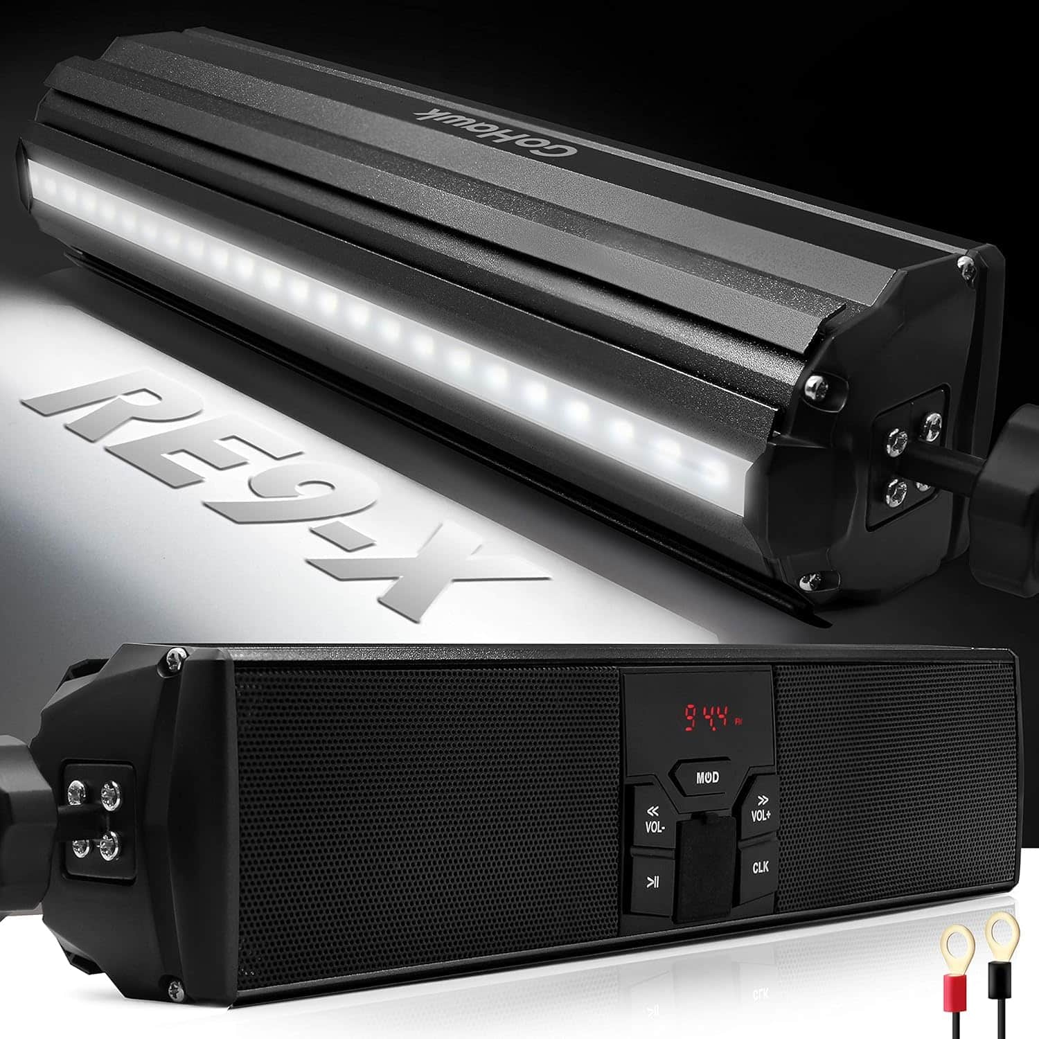 GoHawk - Bluetooth Motorcycle Speakers, Waterproof Soundbar Stereo Audio Stereo System w/ LED, FM Radio, USB Music for ATV, RE9-X - Black