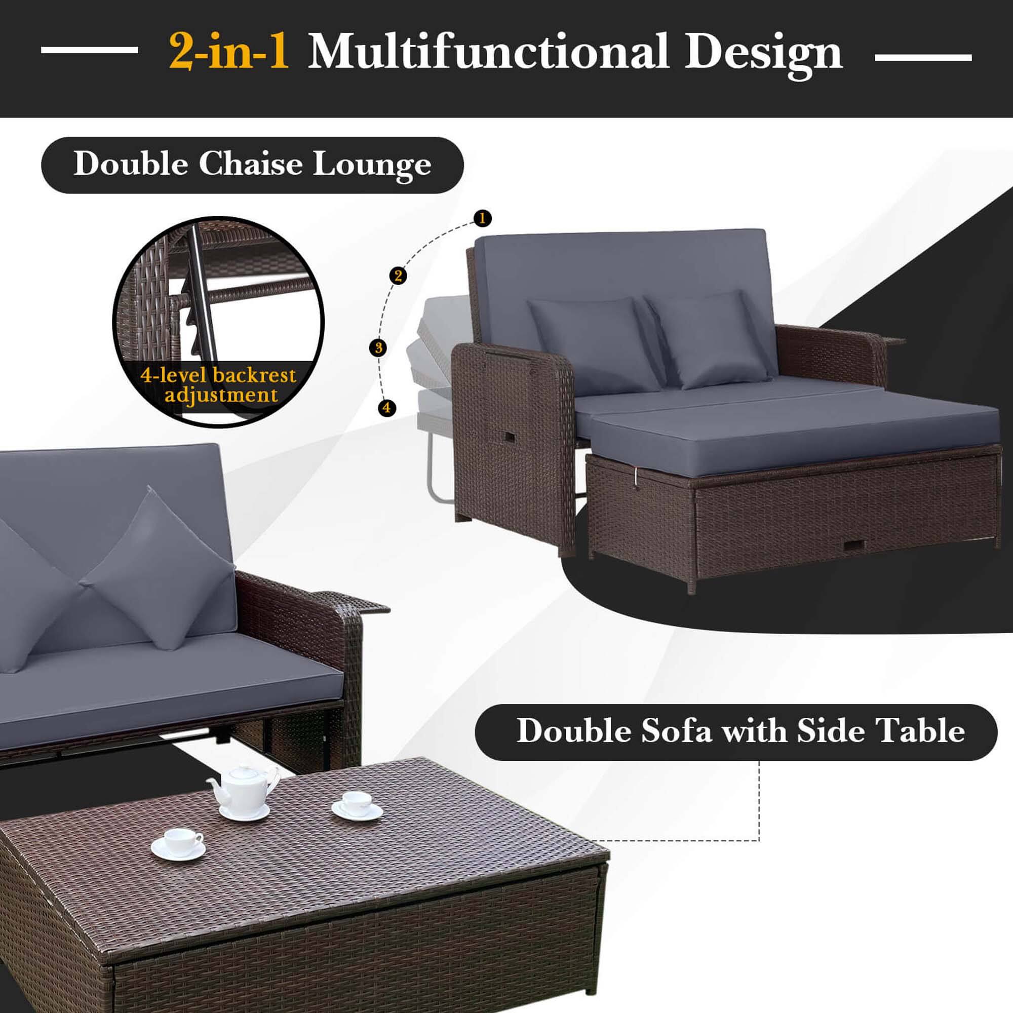2-in-1 Multifunctional Design Double Chaise Lounge with 4-level backrest adjustment and 3 Double Sofa with Side Table.