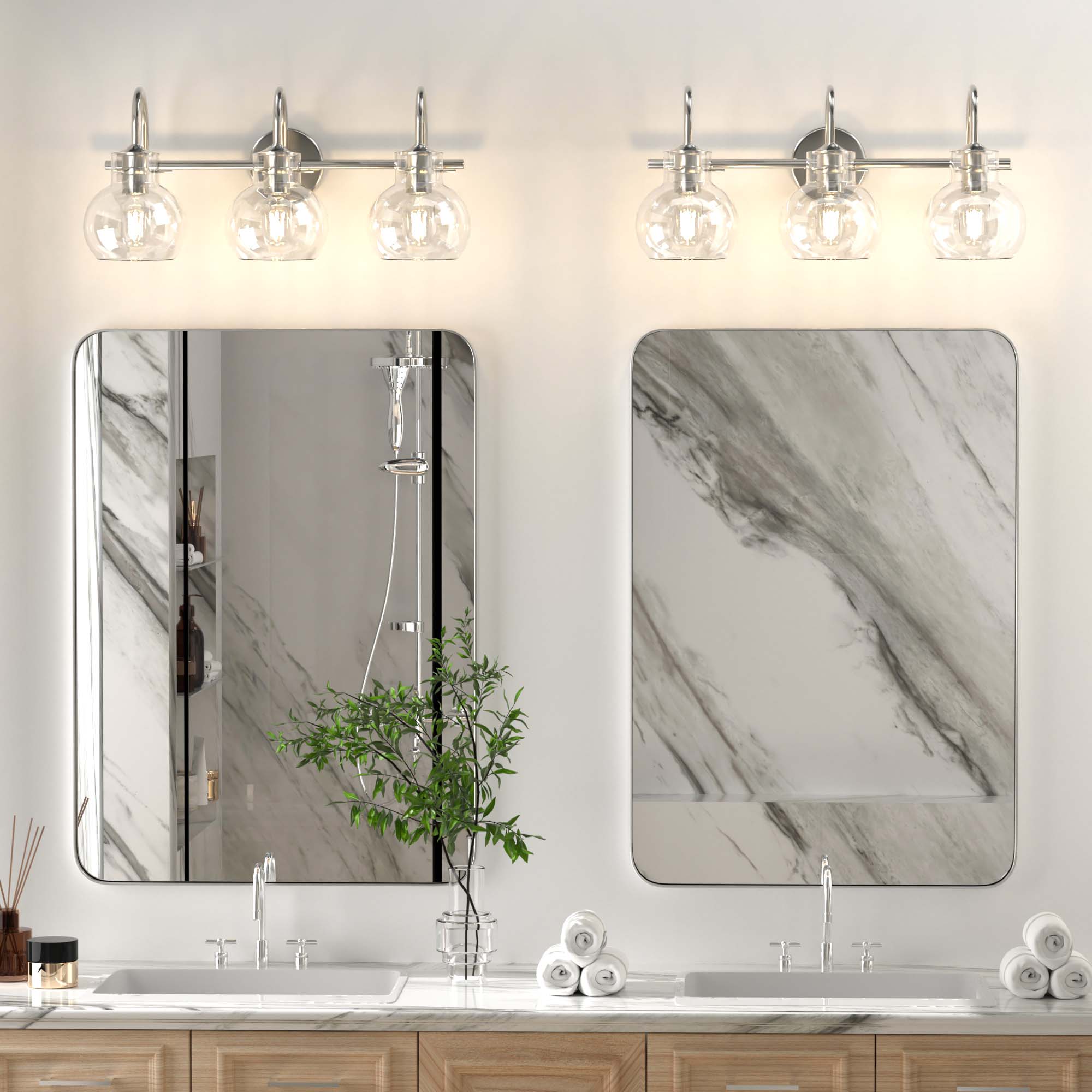 Angle. PAIHOME - Bathroom Vanity Light 21" Modern 3-Light Bathroom Light Fixtures over Mirror with Clear Glass Shade E26 Base Wall Sconce - Silver.