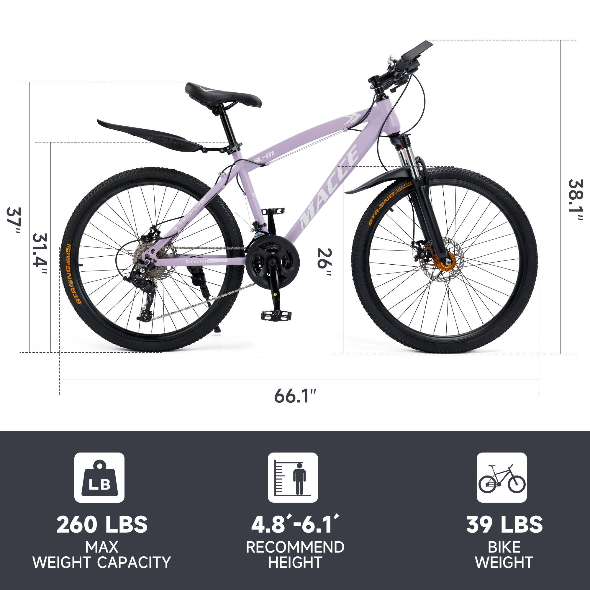- **Frame Size:** 26"
- **Wheel Size:** 37" x 31.4"
- **Seat Height:** 38.1"
- **Overall Length:** 66.1"
- **Max Weight Capacity:** 260 LBS
- **Recommended Rider Height:** 4.8' - 6.1'
- **Bike Weight:** 39 LBS
