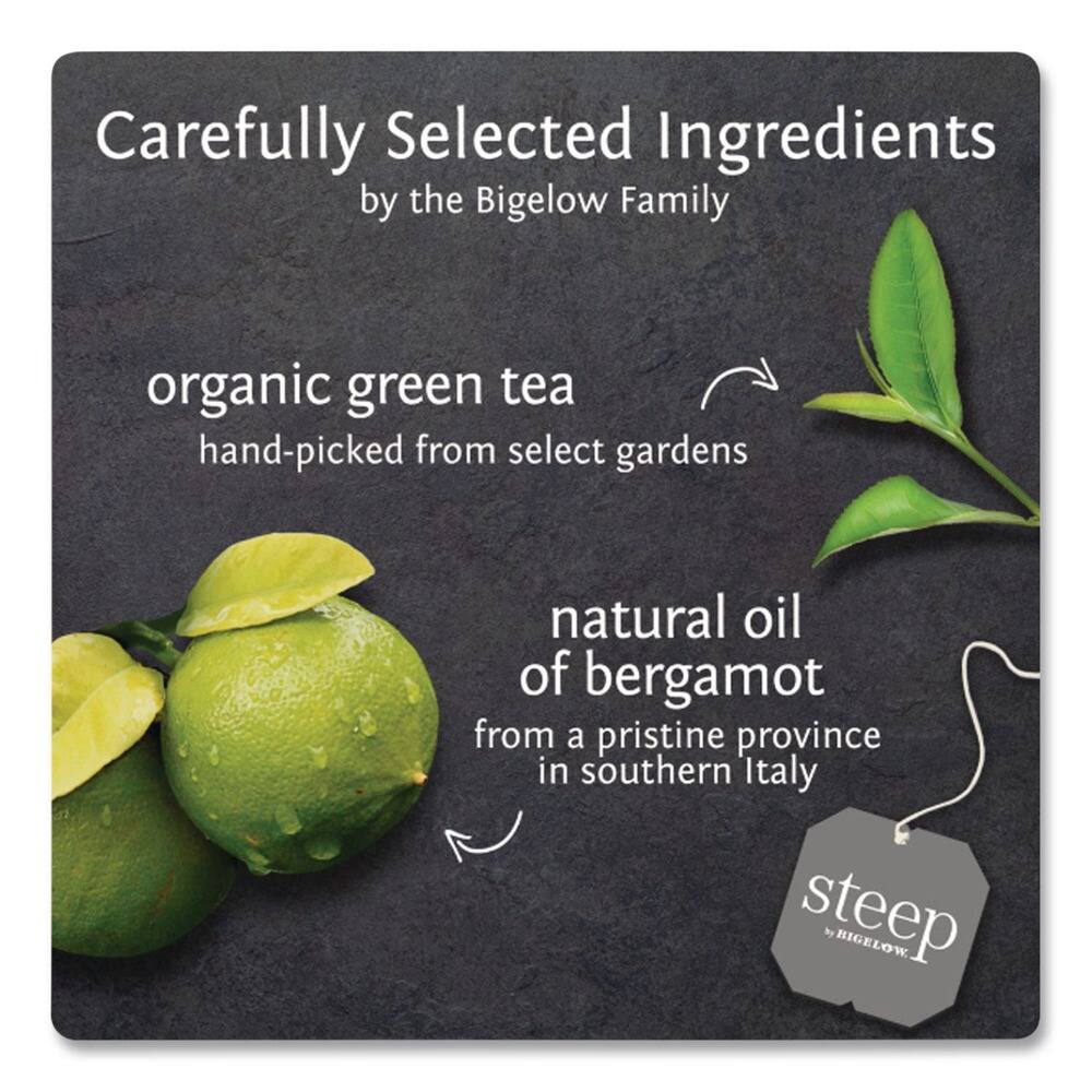 Carefully Selected Ingredients by the Bigelow Family

- organic green tea
  hand-picked from select gardens

- natural oil of bergamot
  from a pristine province in southern Italy

steep by BIGLOW