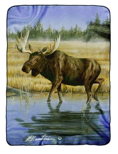Alt View 1. Northwest - Robert Hautman Moose Wildlife Raschel Plush 60x80 inch Twin Size Throw Blanket - Multi.