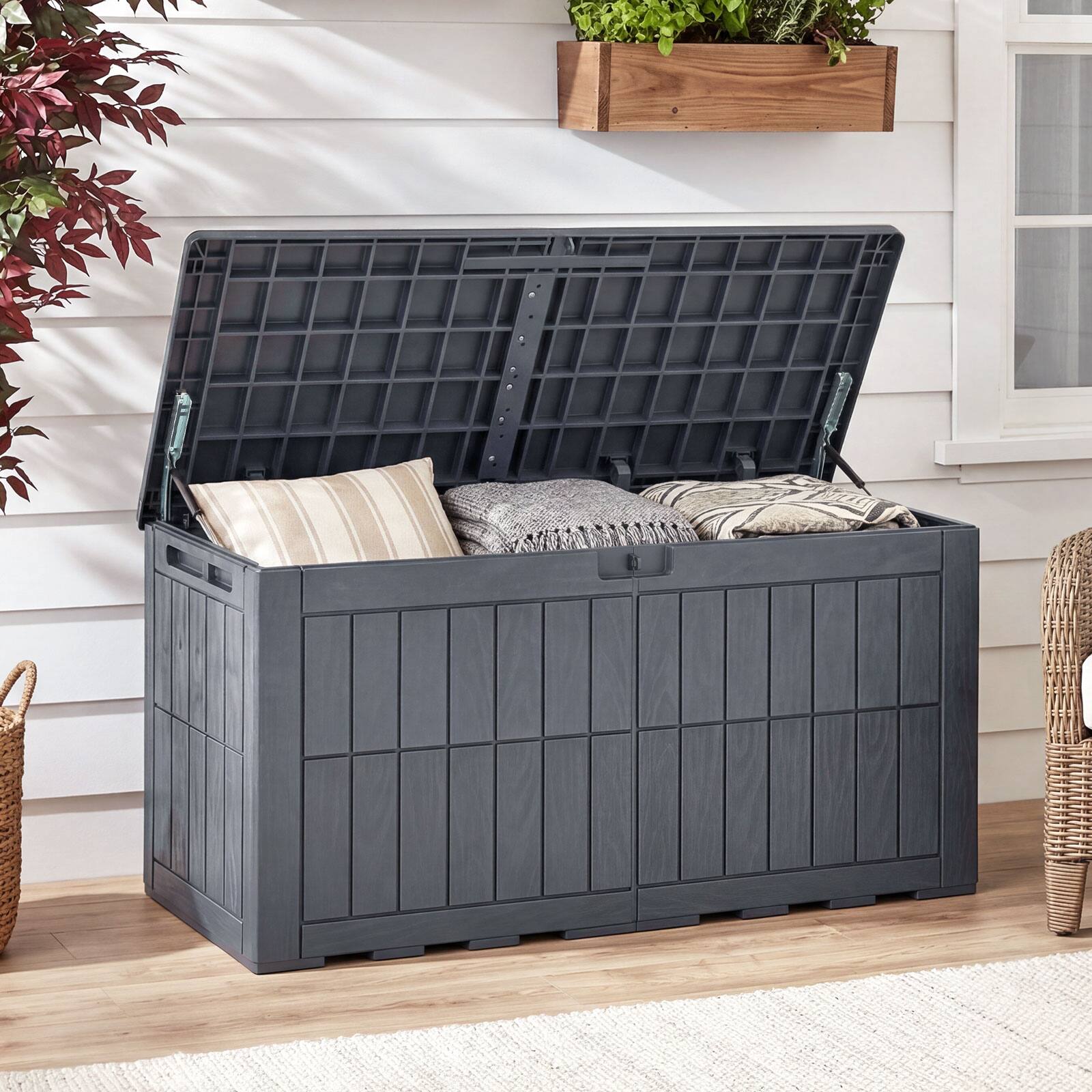 Alt View 3. Costway - Costway 100 Gal Outdoor Deck Box, All-Weather Lockable Storage Bin with Lid and Handles - Gray.