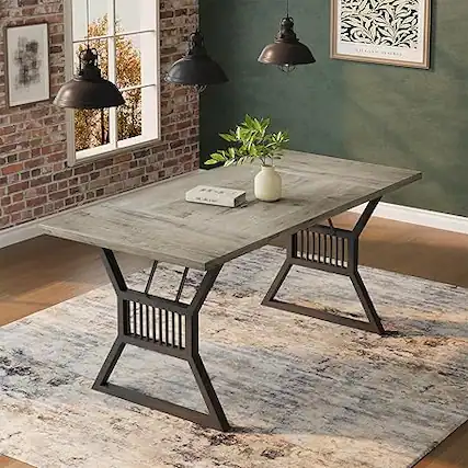 Front. GARVEE - Industrial Farmhouse Dining Table for 6-8, 70.8" Large Wooden Kitchen Table,Dining Room, Living Room, Home Office - Gray+Black Leg.