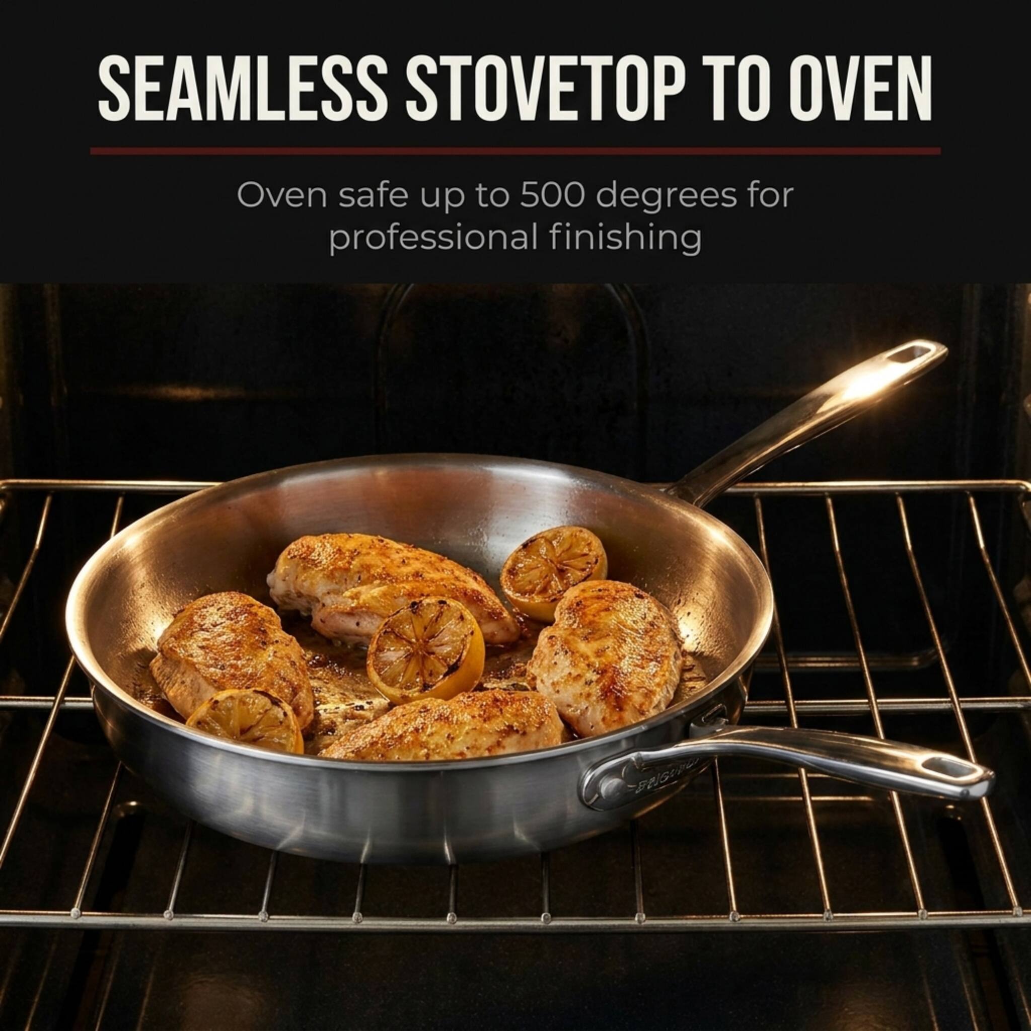 SEAMLESS STOVETOP TO OVEN

Oven safe up to 500 degrees for professional finishing