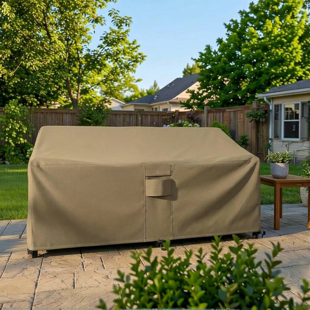 Left. KHOMO GEAR - Heavy-Duty Patio Sofa Cover, Waterproof Outdoor Furniture Protector, Fade & Weather Resistant – 32.5" H x 104" W x 31" - Brown.