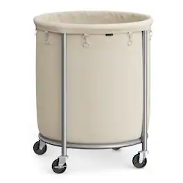 Songmics Home - 50.2-Gallon(190 L)Laundry Basket with Wheels, Rolling Round Heavy-Duty Laundry Hamper Cart,Steel Frame,Removable Bag - Cream White and Metallic Silver