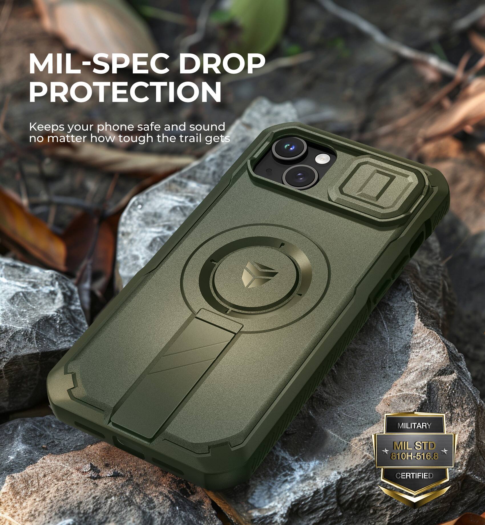 MIL-SPEC DROP PROTECTION
Keeps your phone safe and sound no matter how tough the trail gets
MILITARY MIL STD 810H-516.8 CERTIFIED