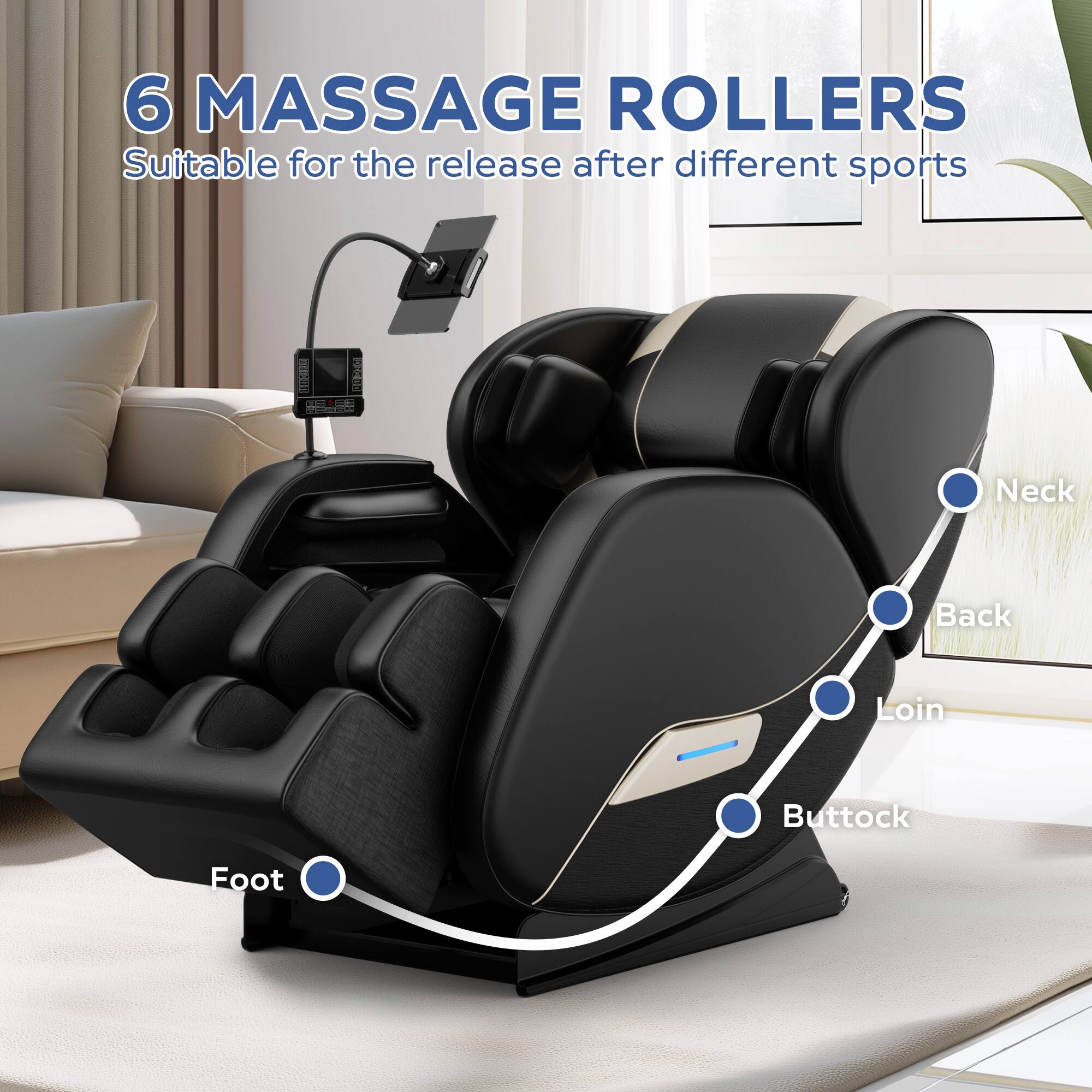 6 MASSAGE ROLLERS  
Suitable for the release after different sports  

- Neck  
- Back  
- Loin  
- Buttock  
- Foot