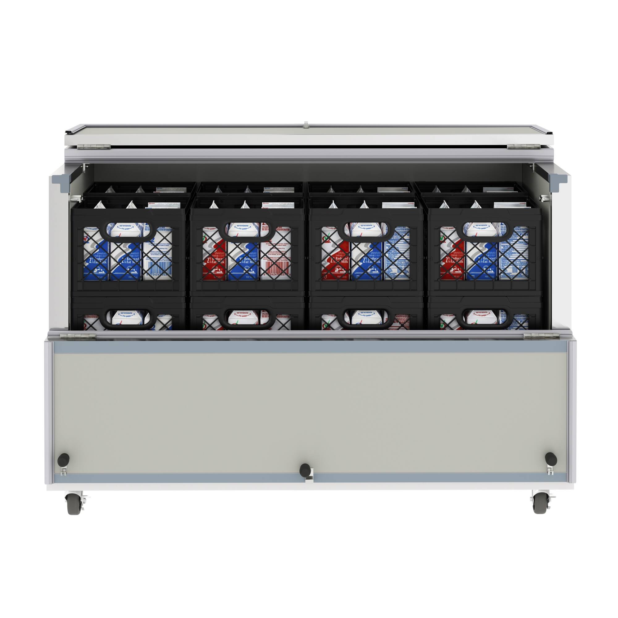 Angle. Koolmore - 58 in. Commercial Milk Cooler for School and Cafeteria, 16 Crate Capacity with Heavy Duty Casters - White and Stainless-Steel.