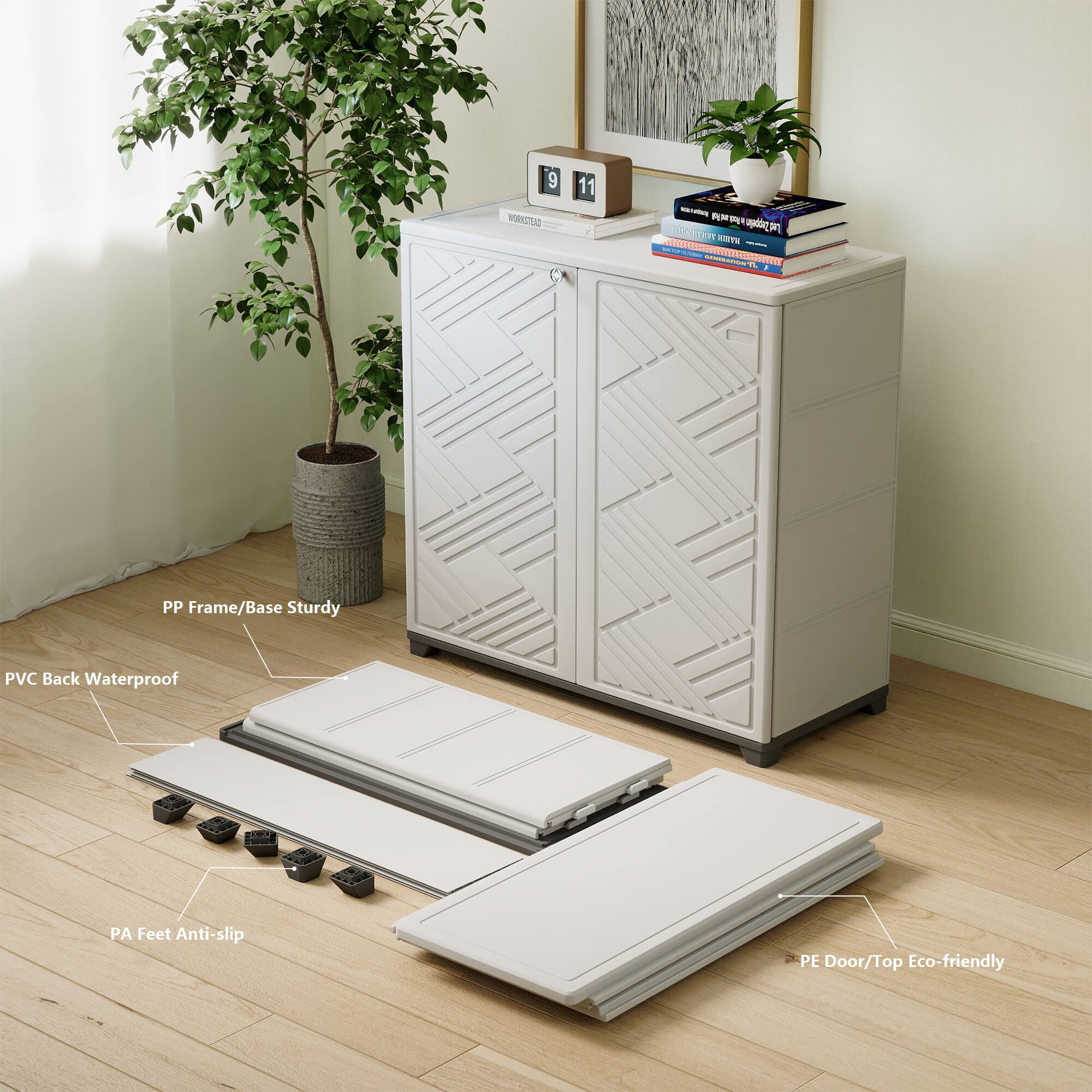 - PP Frame/Base Sturdy
- PVC Back Waterproof
- PA Feet Anti-slip
- PE Door/Top Eco-friendly