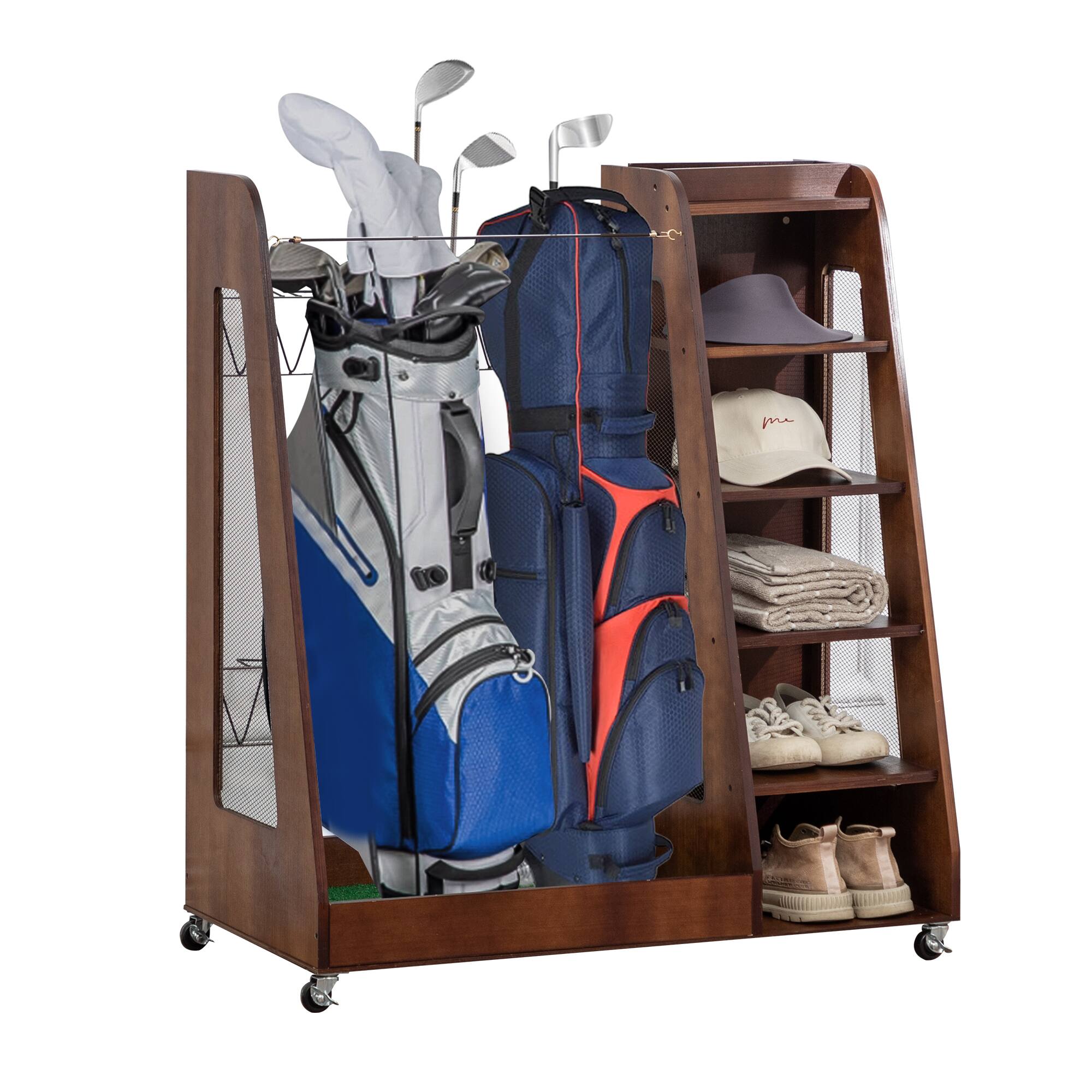 Alt View 4. ELEMENT ACE - Premium Wooden Golf Bag Rack - Holds 2 Bags & Gear​ - Brown.