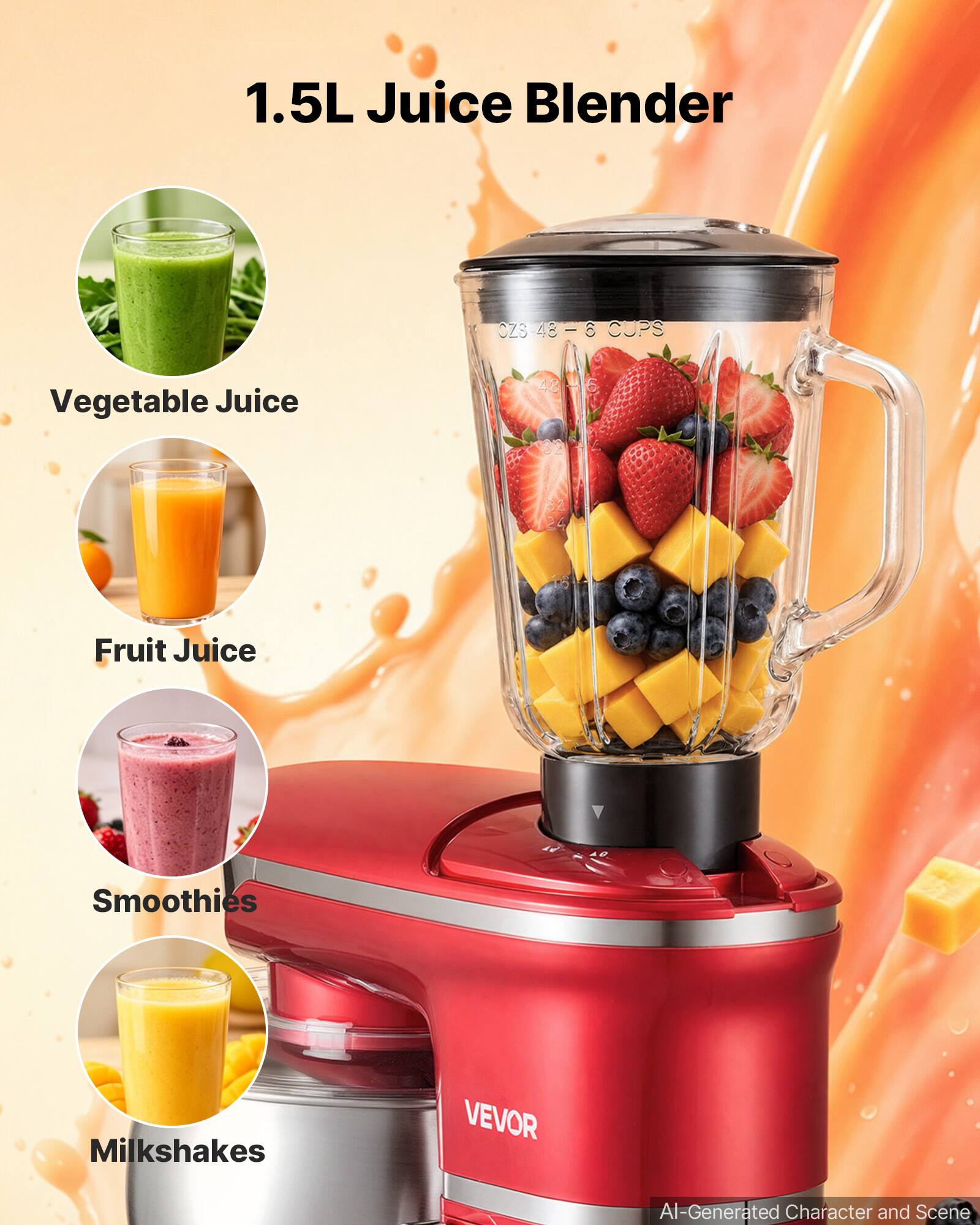 1.5L Juice Blender CZ348 - 8 I 6 CUPS Vegetable Juice 42 Fruit Juice Smoothies Milkshakes VEVOR