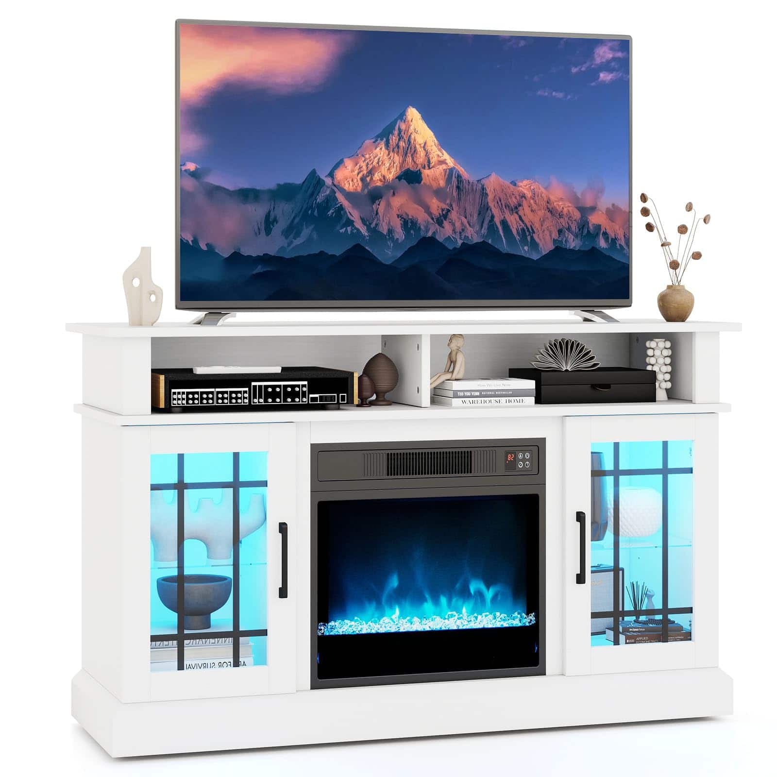 Ecooso - TV Stand with Electric Fireplace, LED Lights and Remote for TVs up to 40 Inch - White
