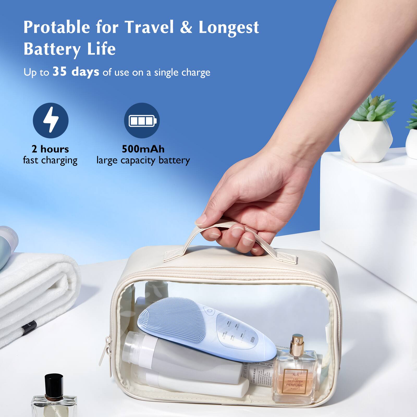 Portable for Travel & Longest Battery Life  
Up to 35 days of use on a single charge  
2 hours fast charging  
500mAh large capacity battery