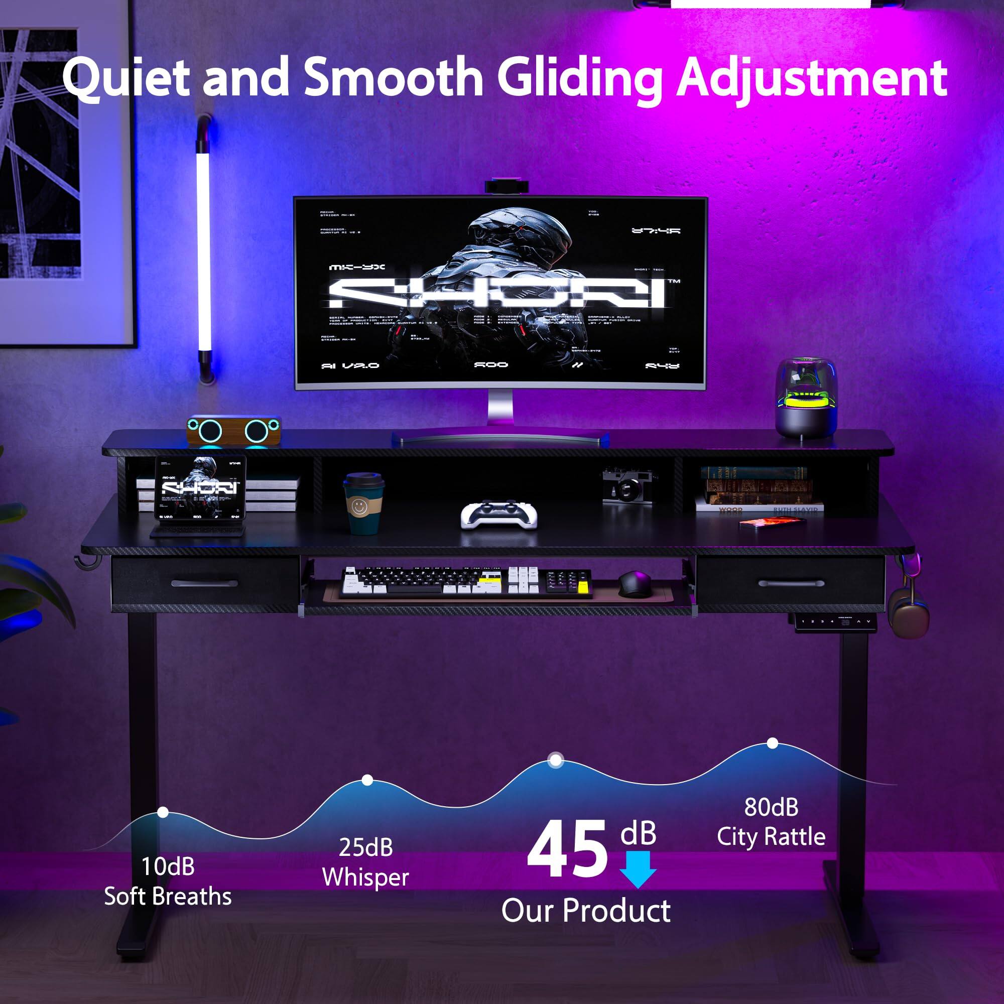 Quiet and Smooth Gliding Adjustment

10dB Soft Breaths  
25dB Whisper  
45dB Our Product  
80dB City Rattle