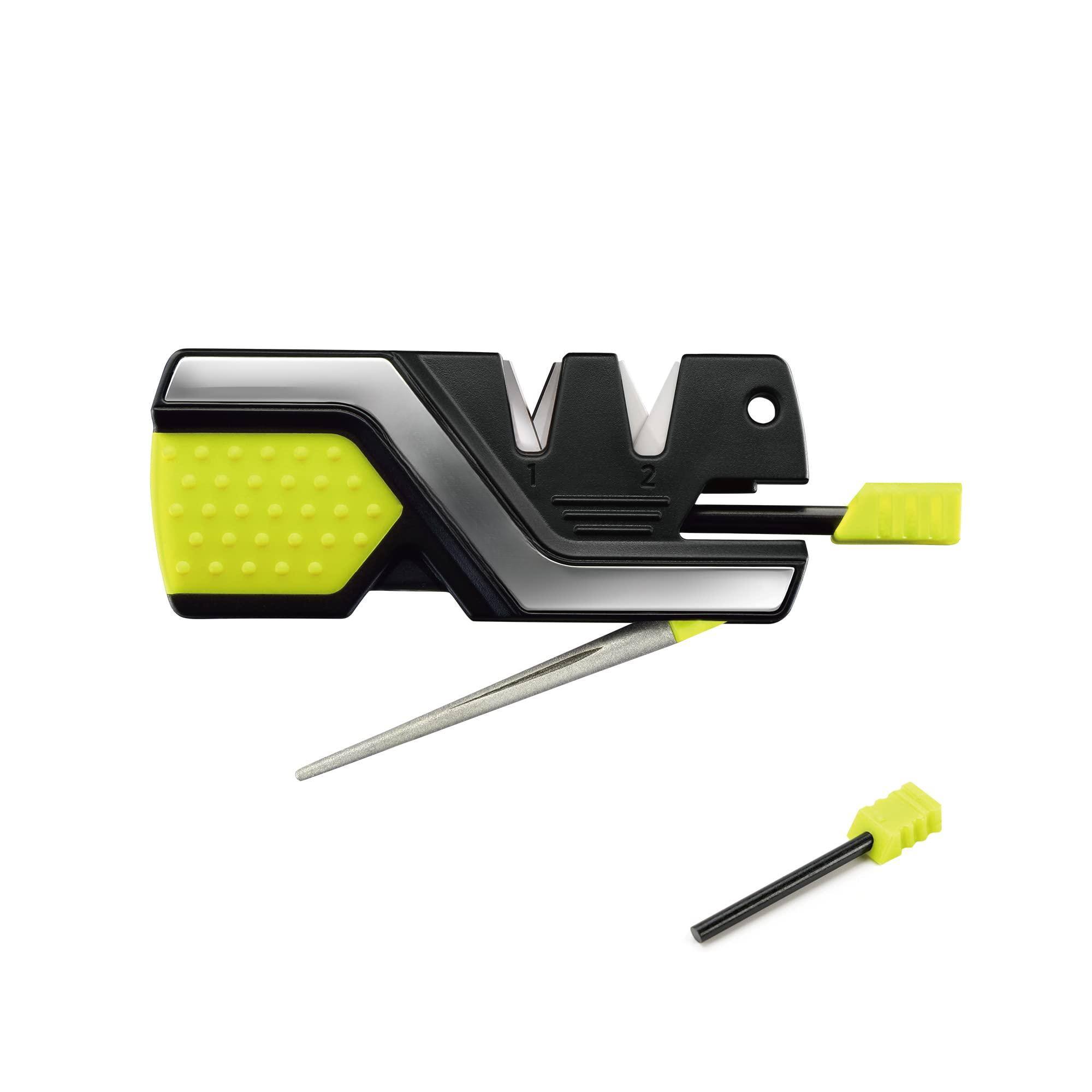 Front. JETRANSPORT - Pocket Sharpener & Garden Tool  Sharpening Straight And Serrated Lawn Mower Axe Pruners Shears Combo Gift Pack - Green + 2 Ferro Rod.