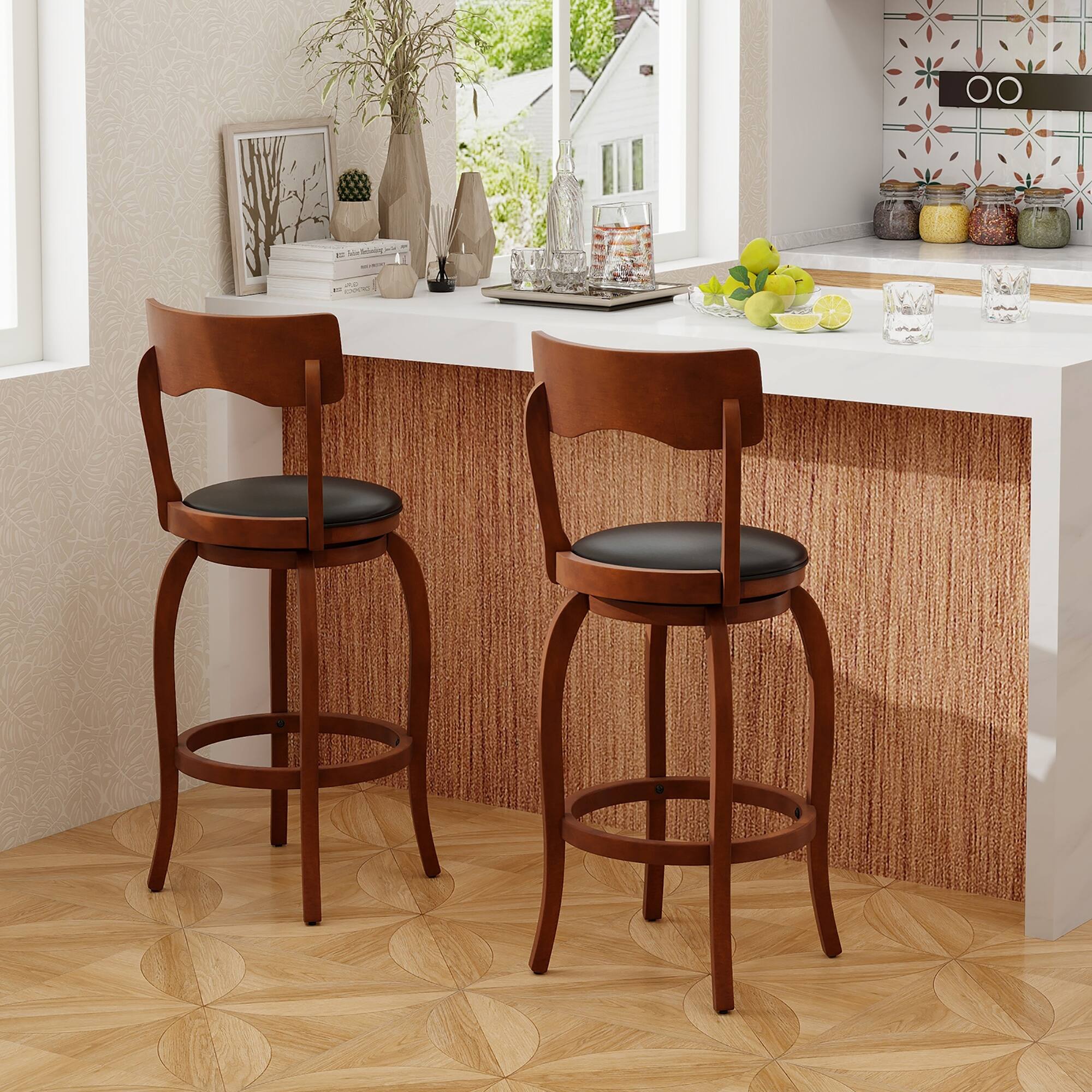 Alt View 4. Gymax - Gymax 29'' Swivel Bar Stools Set of 4 w/ Rubber Wood Frame Upholstered Seat Footrest - Brown, Black.