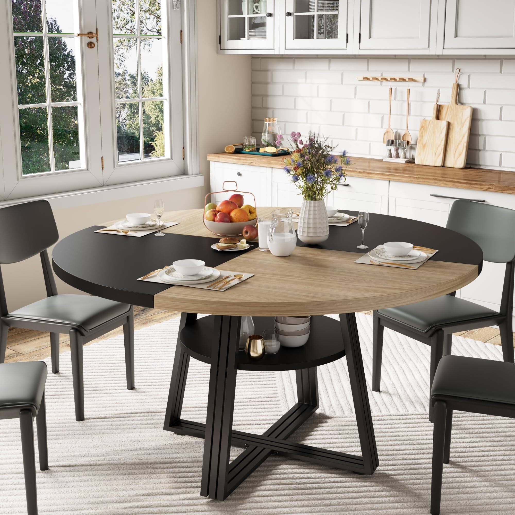Front. MAGICAL RUBS - Round Dining Table For 4-6  47.2 In Farmhouse Kitchen With Storage Circle Dinner Tables Room Living Meeting - Natural Black.