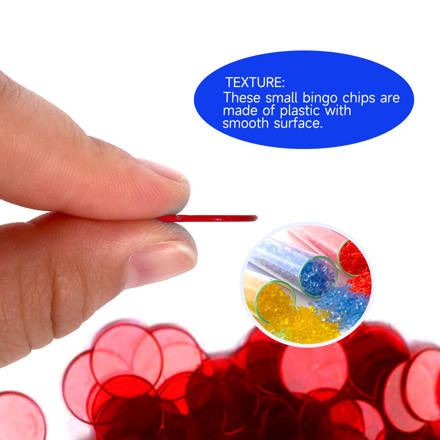 TEXTURE: These small bingo chips are made of plastic with smooth surface.