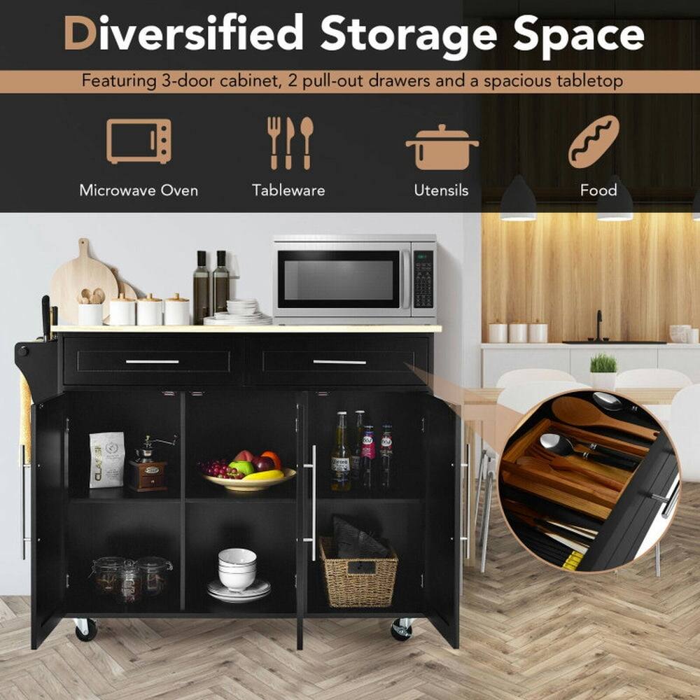 Diversified Storage Space  
Featuring 3-door cabinet, 2 pull-out drawers and a spacious tabletop  

- Microwave Oven  
- Tableware  
- Utensils  
- Food