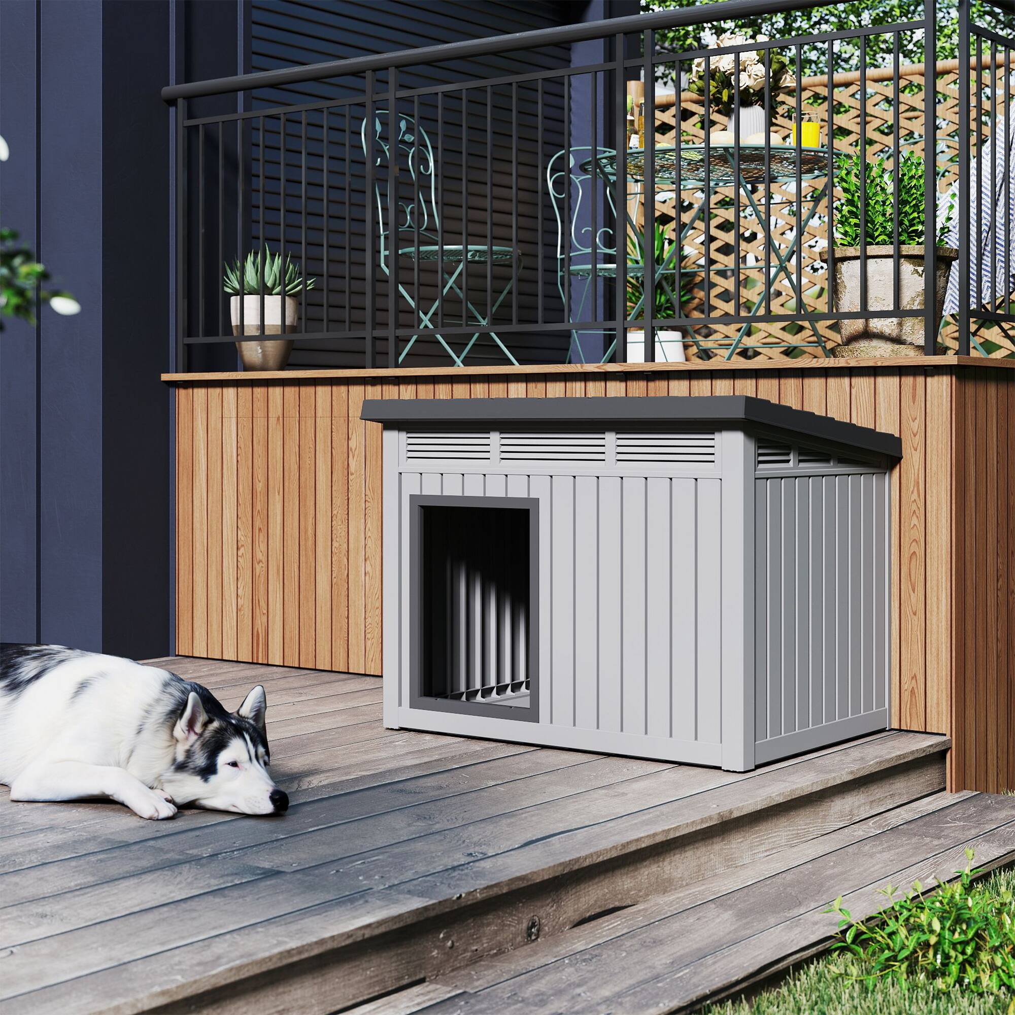 Angle. Yardgrace - 259 Sloped Roof Gas Strut Dog House,Small Indoor/Outdoor Weatherproof Kennel, Easy Access, Compact for Chihuahua/Yorkie - Grey.