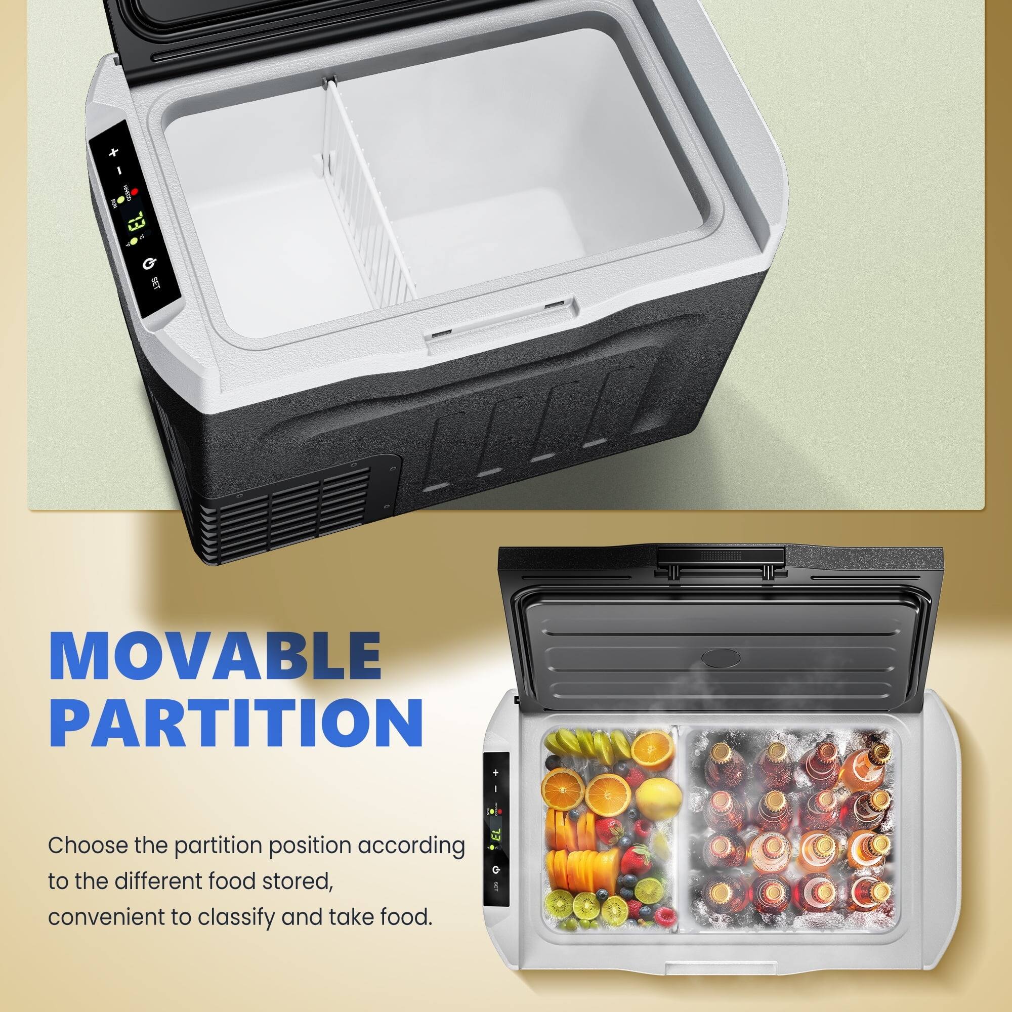 The text on the image can be grouped and corrected as follows:

---

**MOVABLE PARTITION**

Choose the partition position according to the different food stored, convenient to classify and take food.

---

This text highlights the feature of a movable partition in a cooler or storage unit, allowing users to organize and access their food more efficiently.