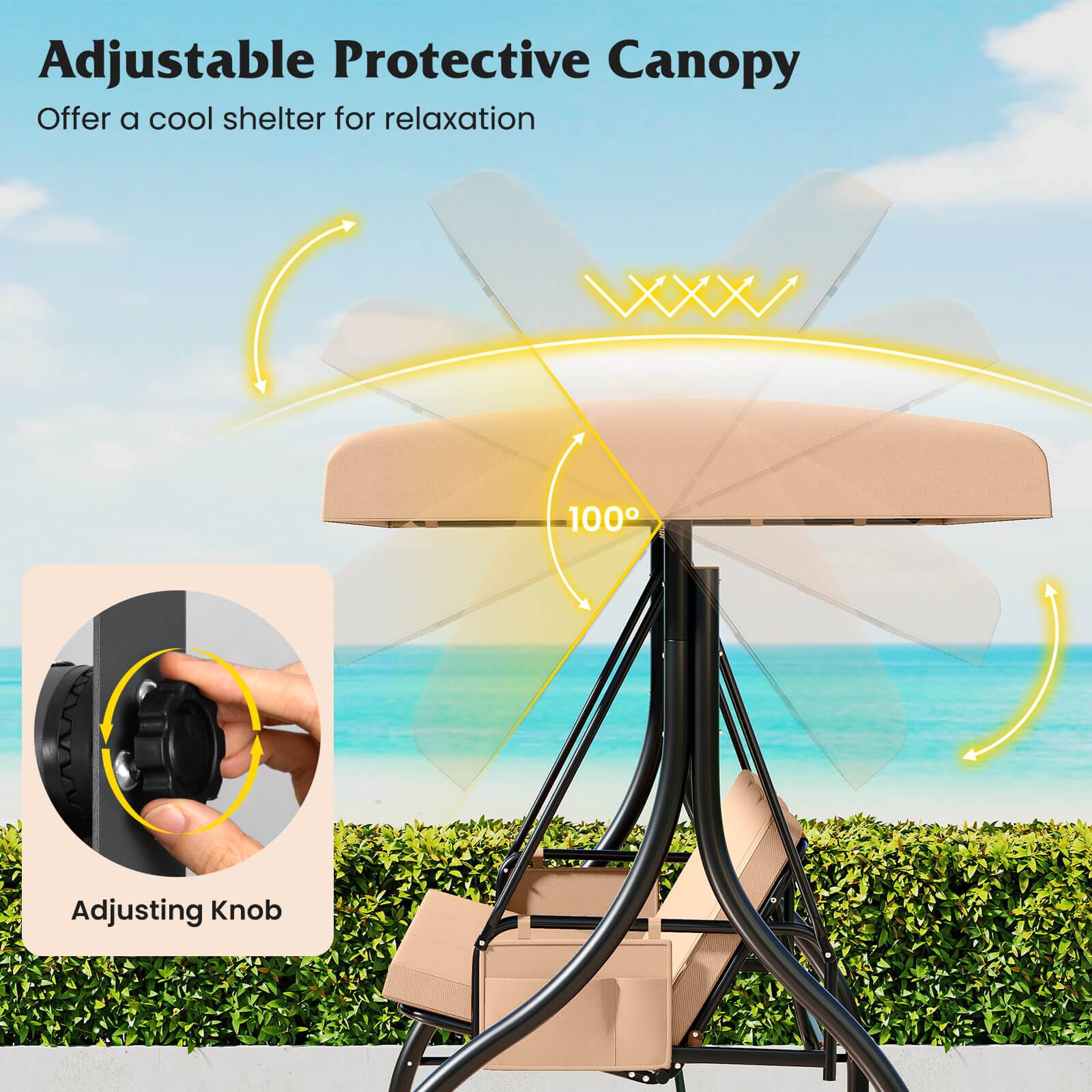 Adjustable Protective Canopy  
Offer a cool shelter for relaxation  

100°  

Adjusting Knob