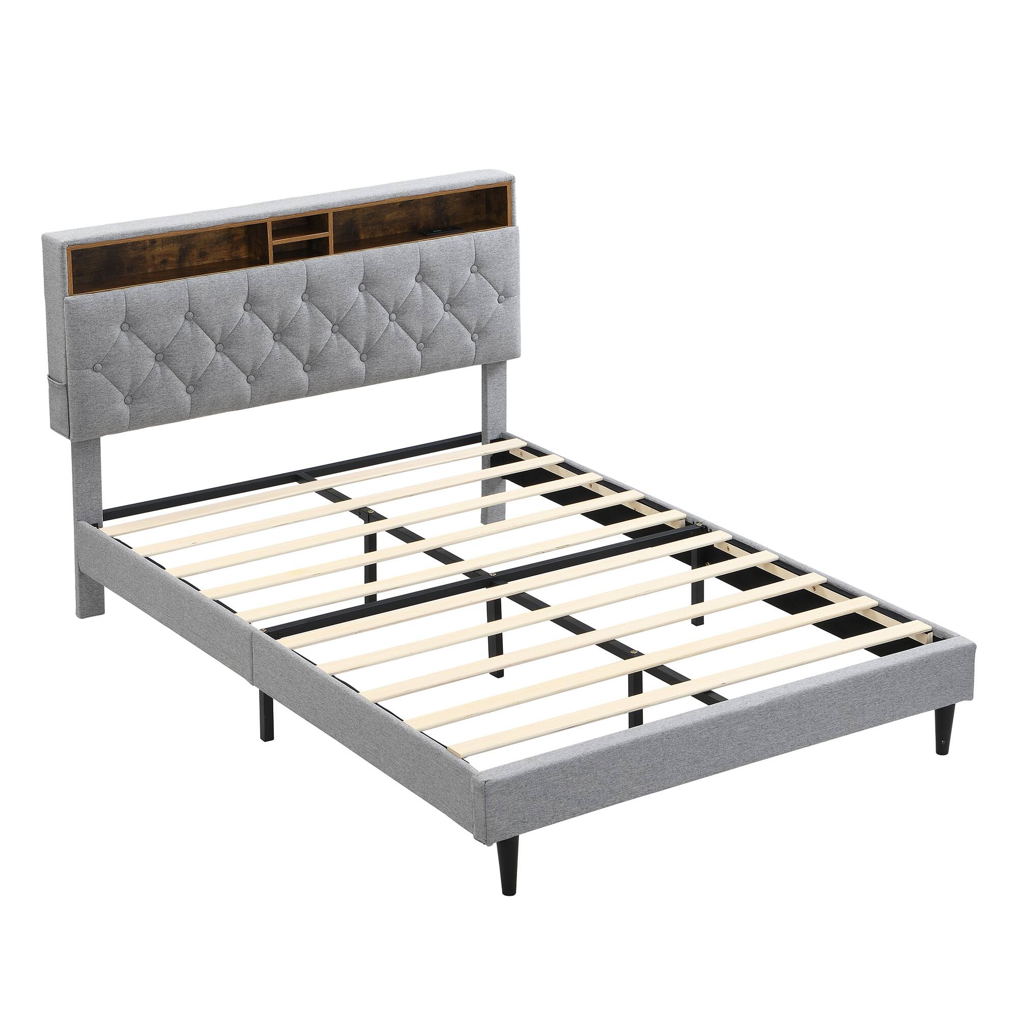 Left. LUCKY ONE - Queen Size Upholstered Platform Bed Frame with Button-Tufted Linen Headboard, USB Ports, Charging Station, Side Pockets - LIGHT GREY.