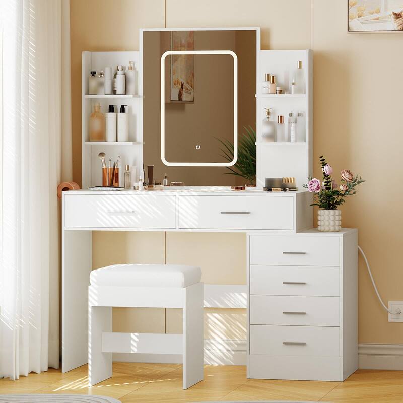 Left. Qeetex - Vanity Desk with Mirror, Lights, Stool, Charging Station, 6 Drawers, Adjustable LED, Organizer Table - White.