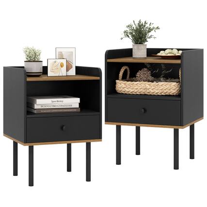 Front. Gymax - Gymax 2PCS 3-Tier Sofa Side Table w/ Open Storage Shelf Metal Legs for Living Room - Black & Natural.
