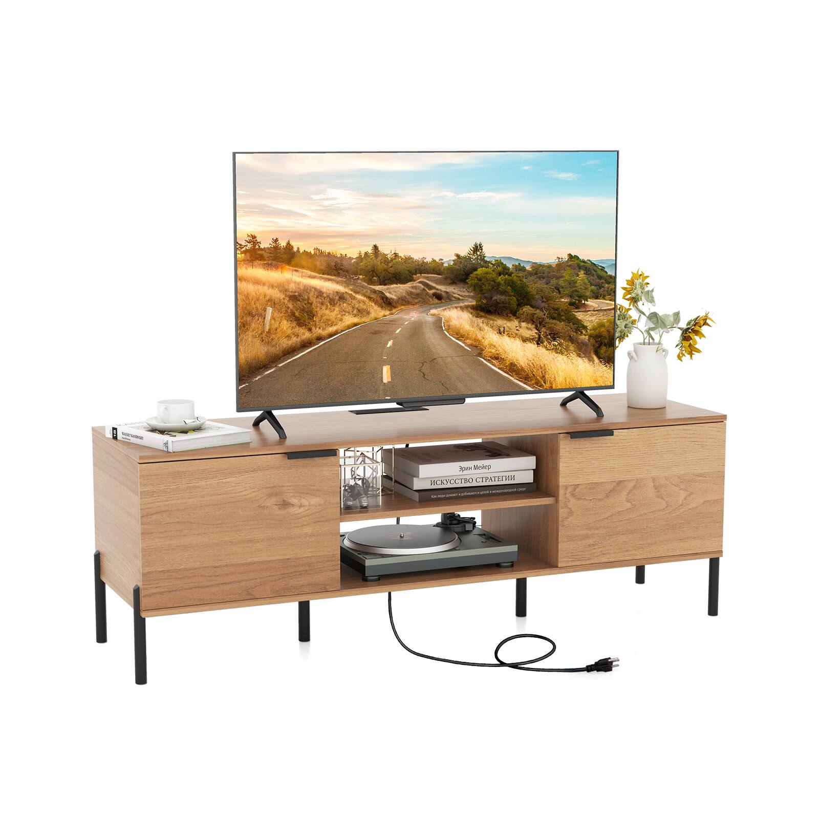 Back. SlickBlue - 2-Door TV Stand with Charging Station and Open Shelves for Living Room Storage - Natural.