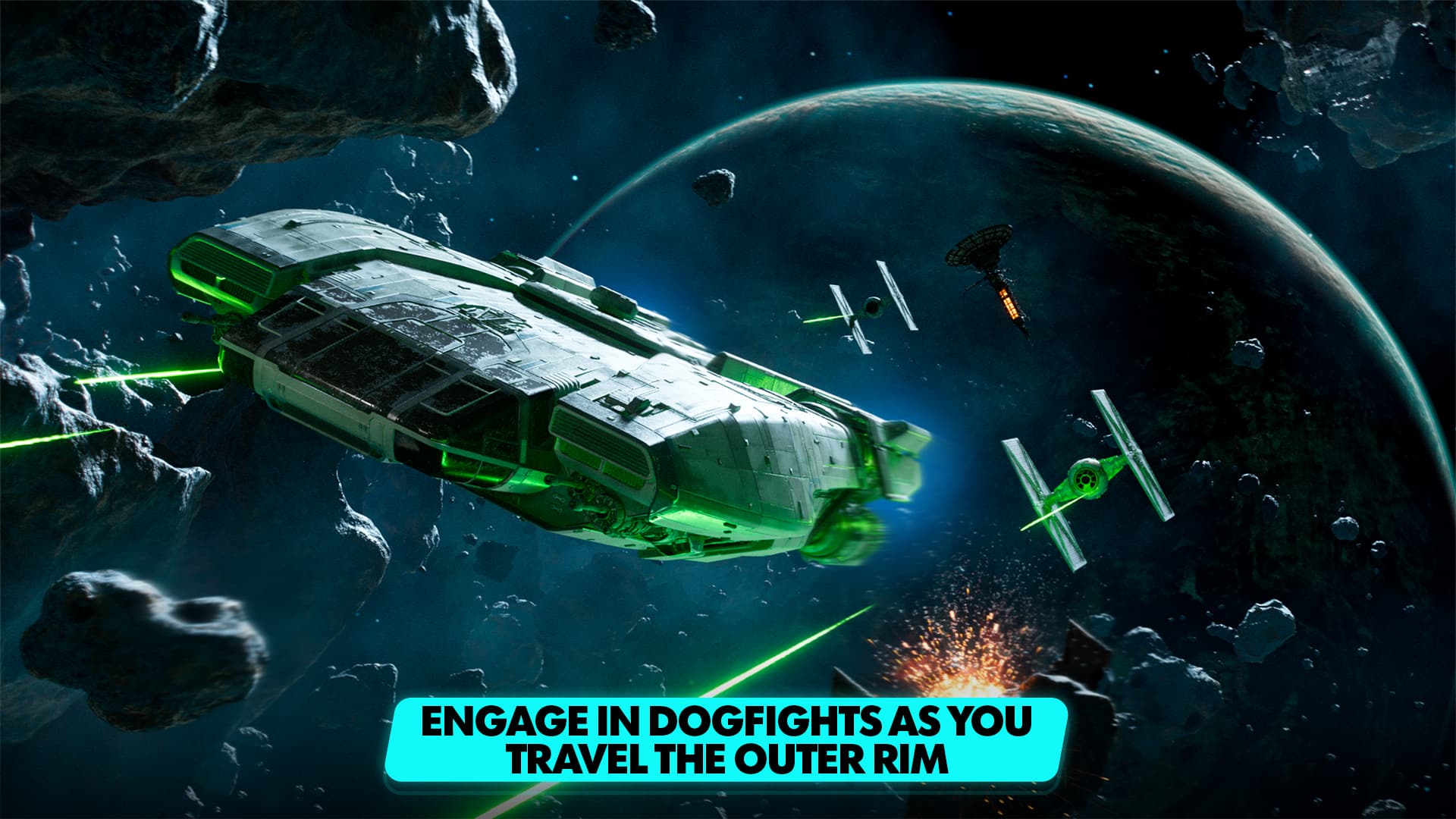 Engage in dogfights as you travel the outer rim.