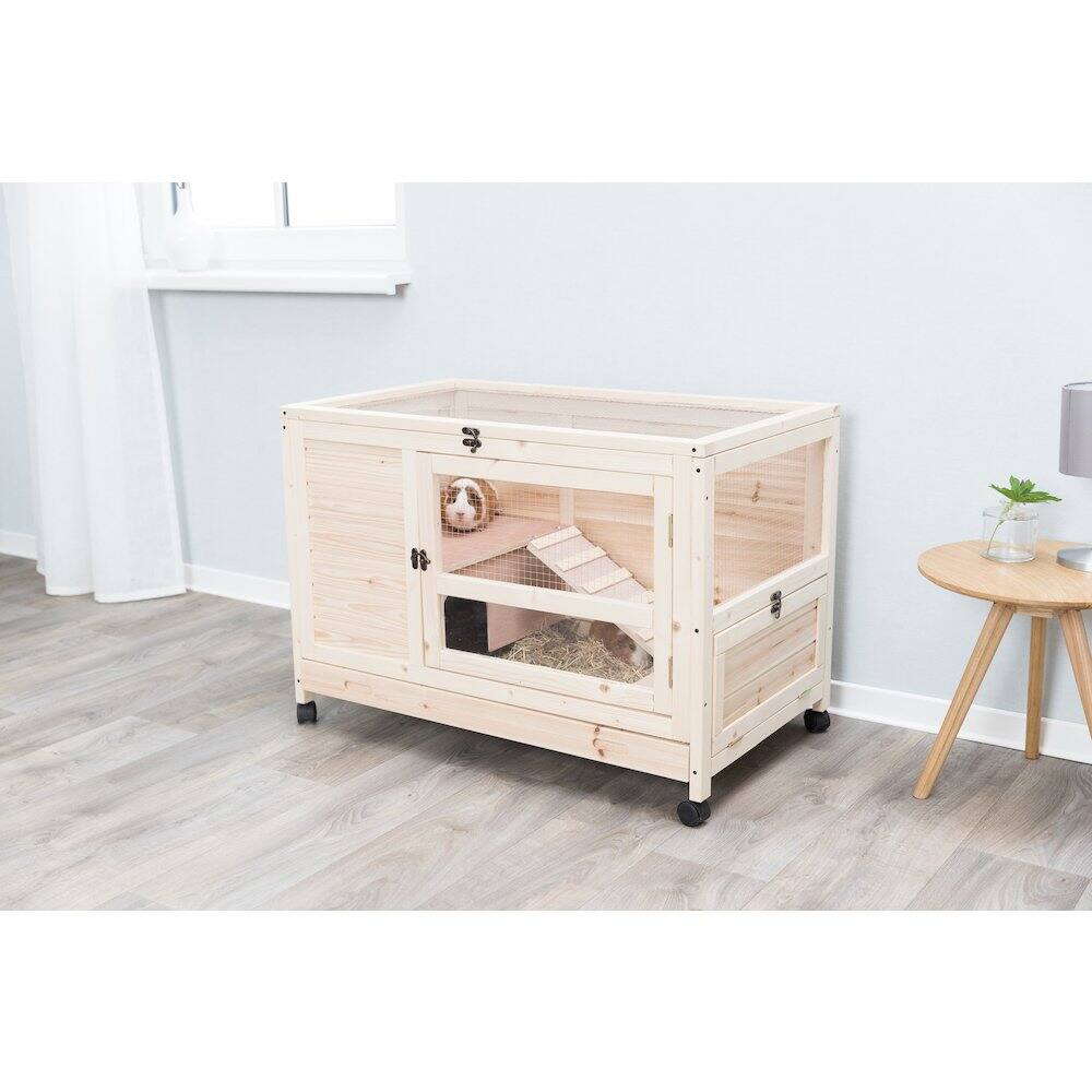 Left. TRIXIE - Mobile Indoor 1-Story Wooden Animal Cage with Wheels & Pull-Out Tray - Natural.